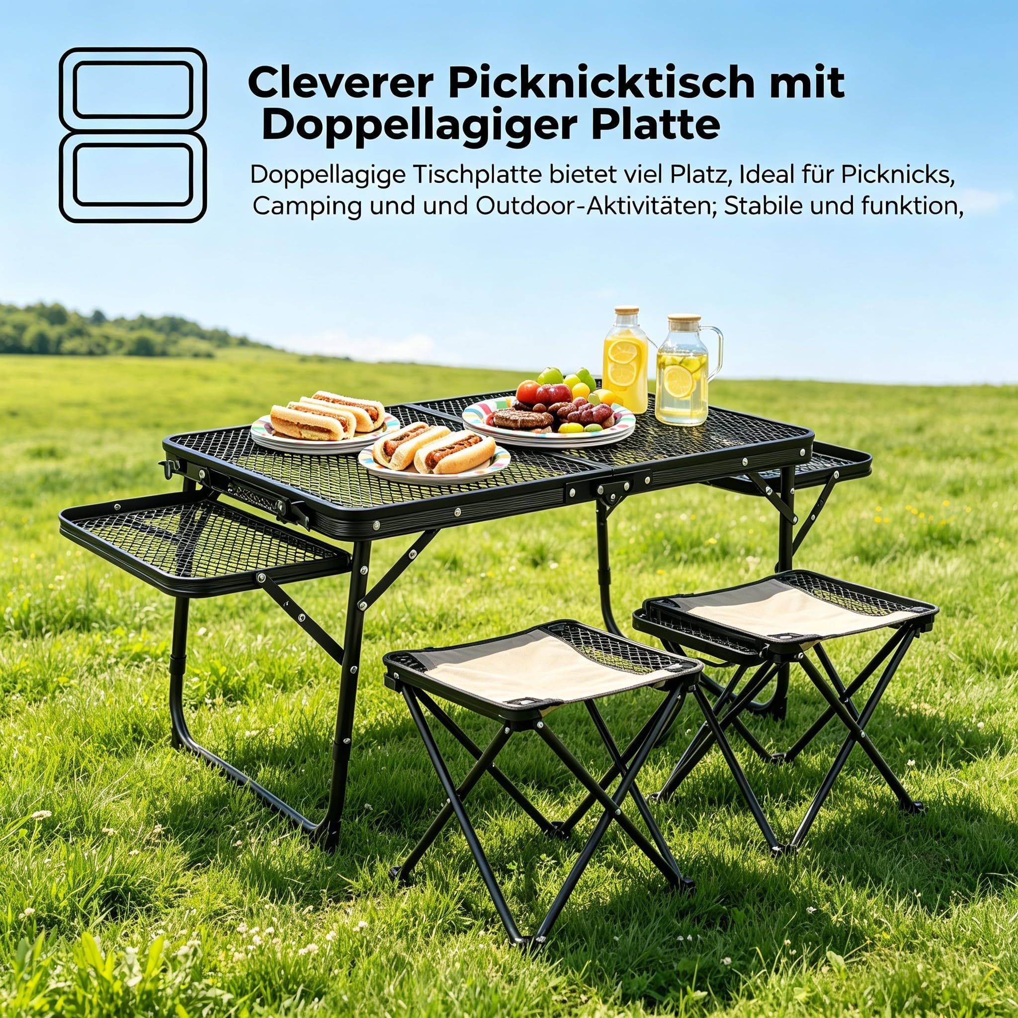 Faltbarer Campingtisch aus Aluminiumlegierung für Outdoor, Leichter Picknicktisch mit Schubladen & Doppel-Ebenen-Tischplatte, Tragbarer Gartentisch für Grill, BBQ, Strand, Wandern