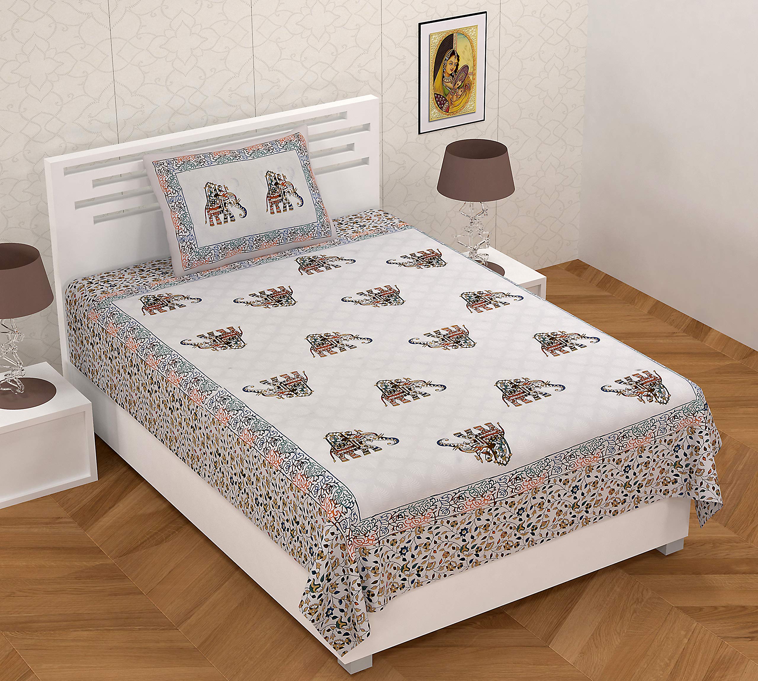 PK FashionsPK Fashions 150 GSM Pure Cotton White Jaipuri Print Single Bed Sheet with 1 Pillow Cover