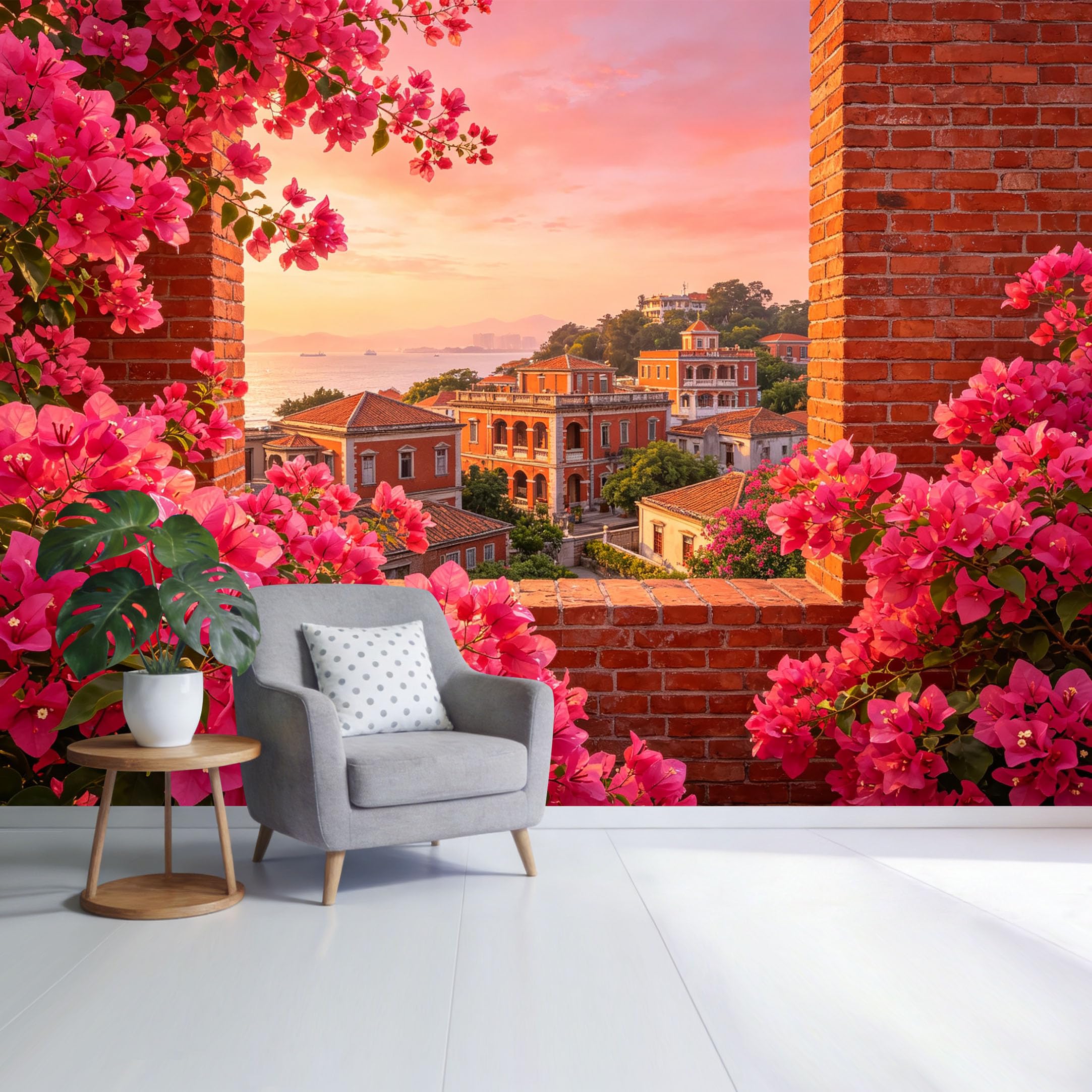 Custom Size Wall Mural Mediterranean Coastal Sunset Pink Bougainvillea Floral Terrace Landscape SelfAdhesive Wall Fabric Removable Wallpaper for Home Office Decor