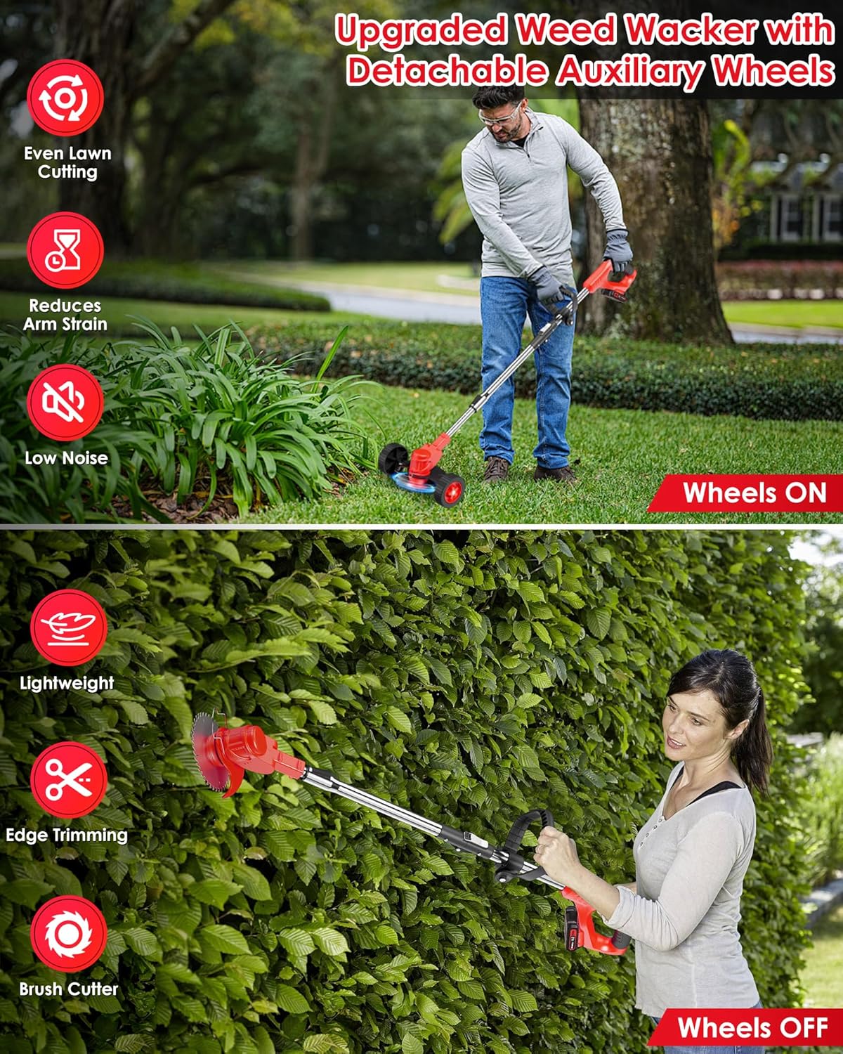 21V Cordless Weed Wacker Battery Operated, 2 X 2.0Ah Electric Weed Eater Battery Powered, Lightweight 3-in-1 Grass Trimmer/Brush Cutter/Lawn Mower with 8 Blades & Removable Moving Wheels