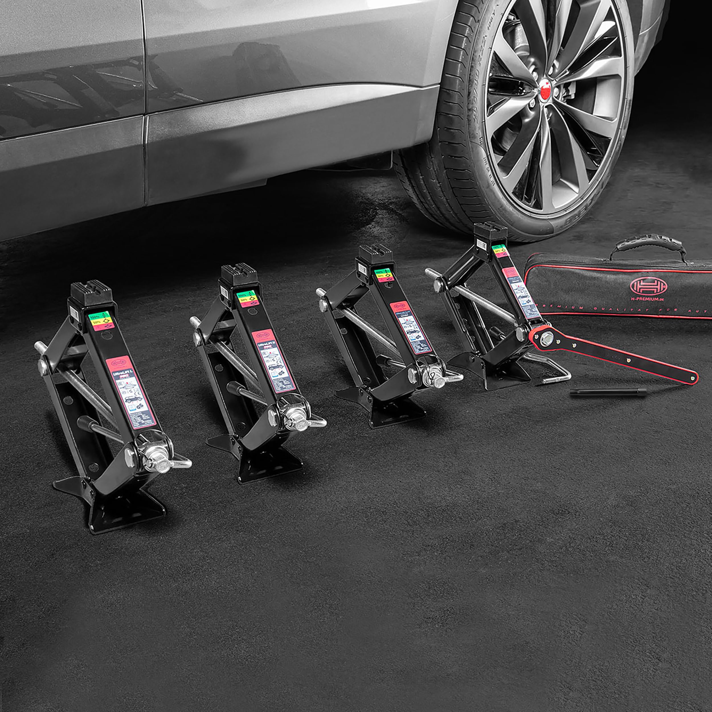 HEYNER® Scherenwagenheber 1,3 t für Mercedes-Benz ML GL GLE GLC S-Klasse | Hubhöhe bis 420 mm, 17 mm Ratsche mit Rechts- und Linkslauf, stabile Standfläche, Kurbeln auch per Hand, Tasche inklusive