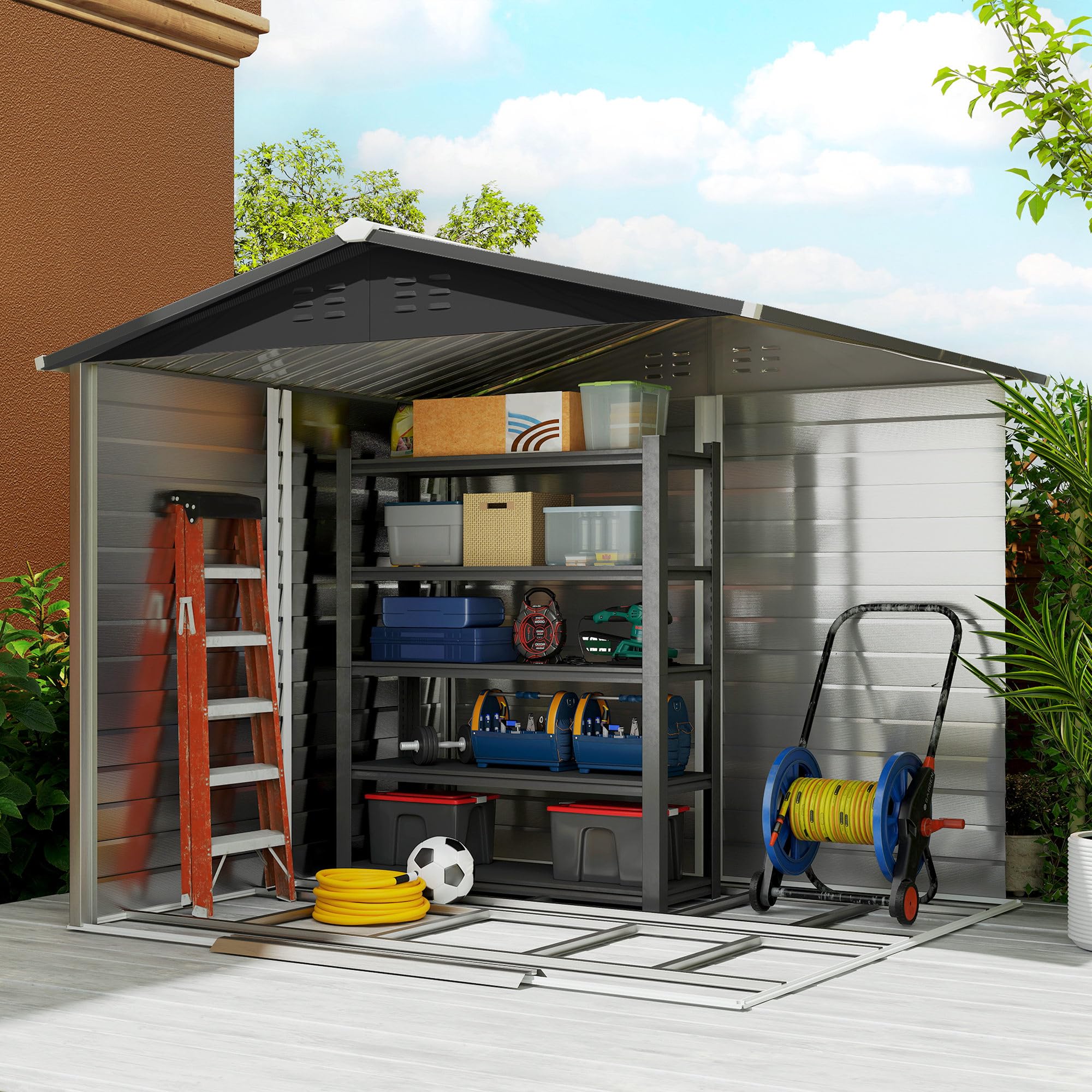 Outsunny Caseta de Jardín Exterior 4,4 m², 240x206x198 cm, Cobertizo de Jardín Exterior Metálico con Base Refuerzo (Suelo NO Incluido), Puerta Corredera con Cerradura y 4 Ventanas para Patio, Teca