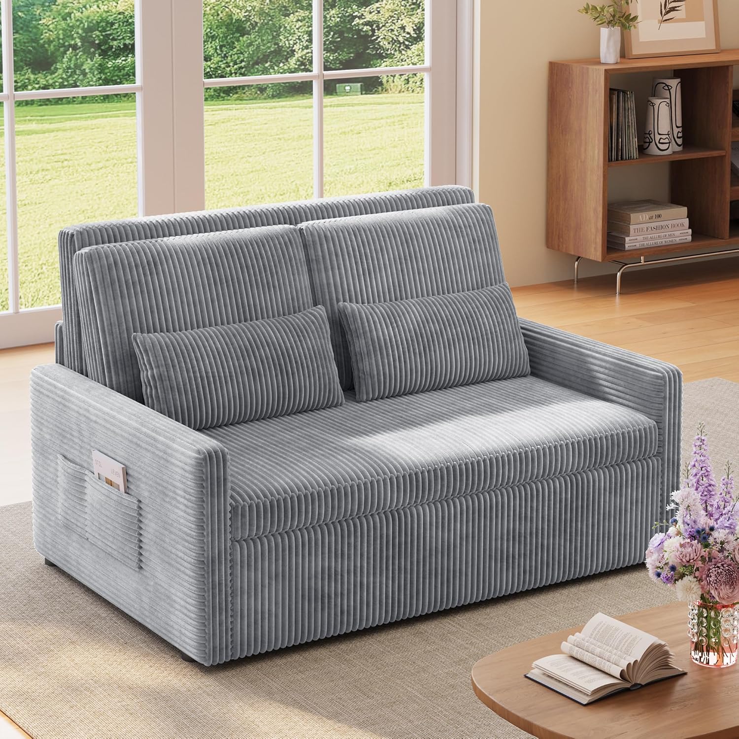 Ahomly 3 in 1 Pull Out Convertible Sofa Bed with 77.2'' Extended Sleeping Length, Corduroy Loveseat Sleeper Sofa with Side Pockets, Modern Small Space Loveseat for Apartment, Studio, Grey