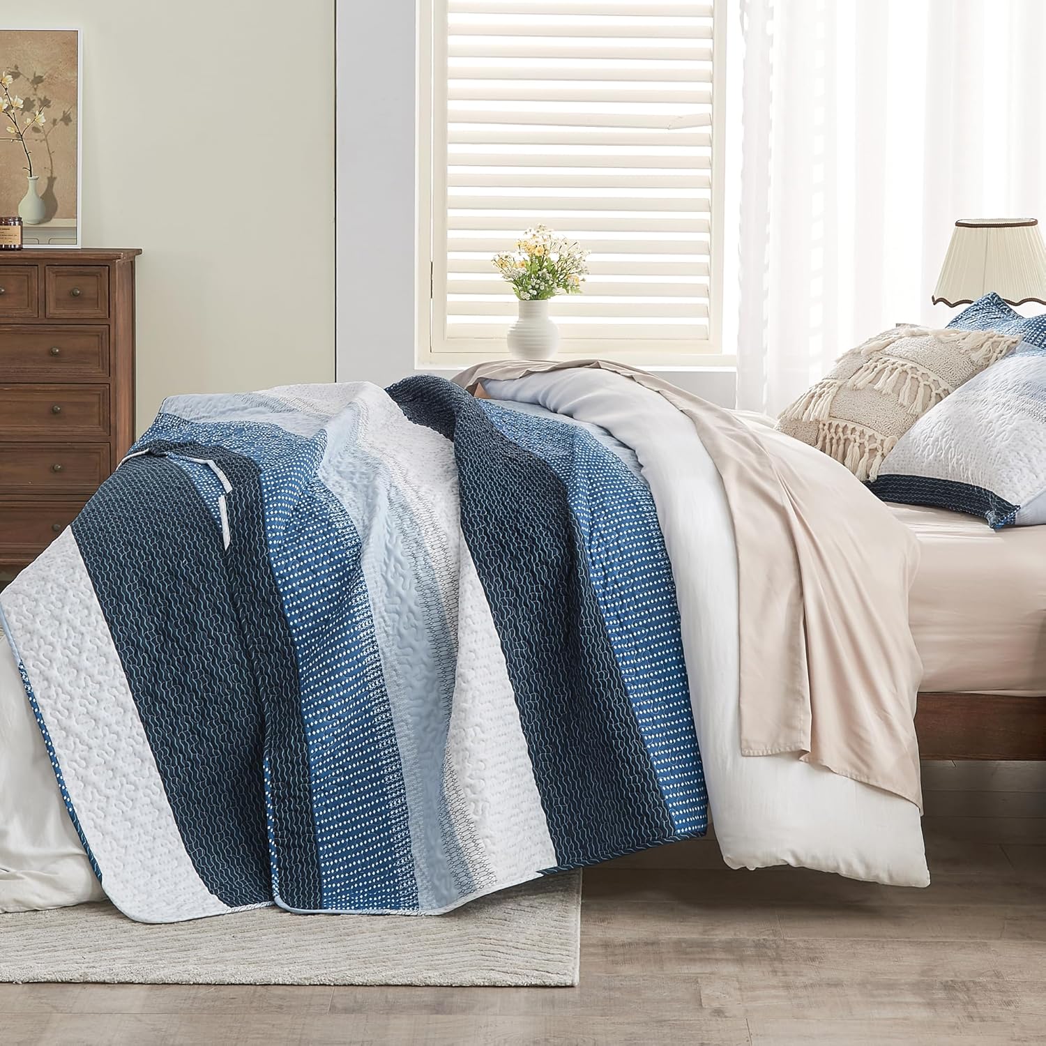 Andency Navy Blue Striped Quilt King(106x96Inch), 3 Pieces (1 Quilt and 2 Pillowcases) Patchwork Bedspread Coverlet Set, Soft Microfiber Quilted Bedding Set - Image 4