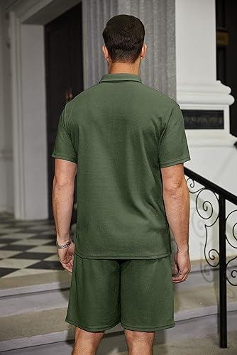 Miniatura 4 de COOFANDY Conjunto de camisa polo y pantalones cortos de punto gofre para hombre, conjunto de 2 piezas, traje de verano casual con bolsillos