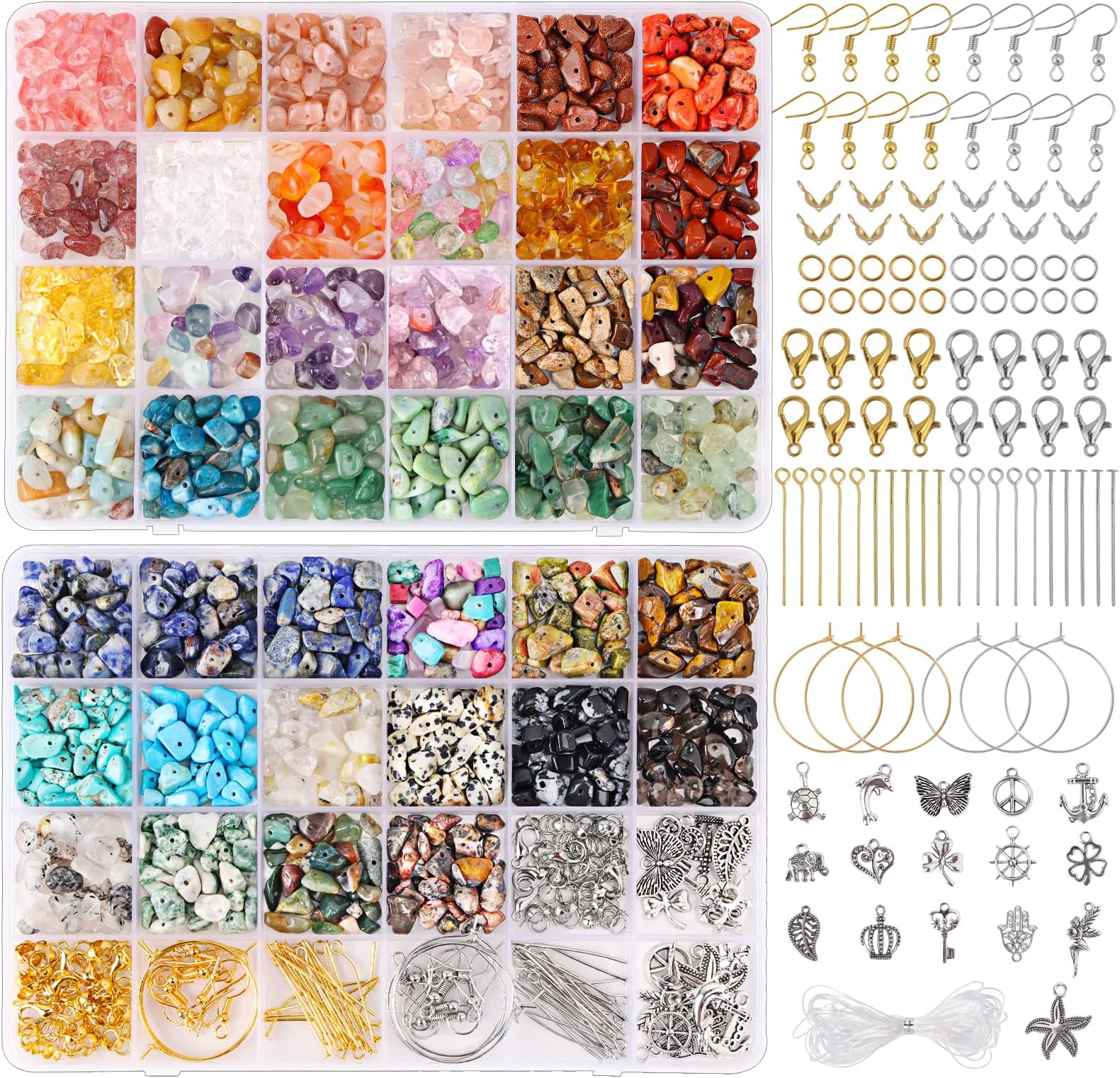 QUEFE 720pcs Crystal Chips Beads Ring Making Kit, 40 Colors Crystal Chips and Gemstone Beads for Jewelry Making Crystal Beads for Ring, Bracelets Earring Making Supplies, Craft Gifts