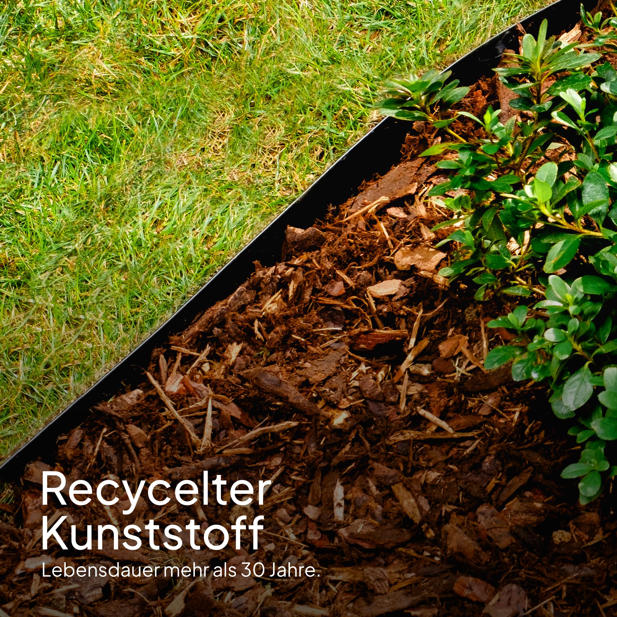 Flexible Rasenkante Kunststoff (20 m, schwarz) - Robustes Stay-in-Place Design - Sehr Gut zu Verarbeiten, Min. 30 Jahre Lebensdauer, Unsichtbar - Beeteinfassung aus 100% recyceltem Plastik