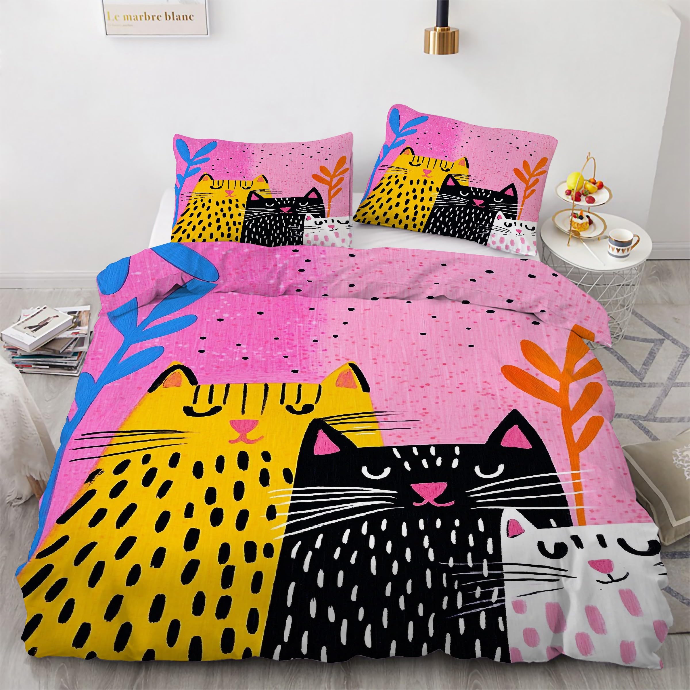 Ensemble de Literie 3 Pièces 160x200 en Microfibre avec Motif Chat Mignon