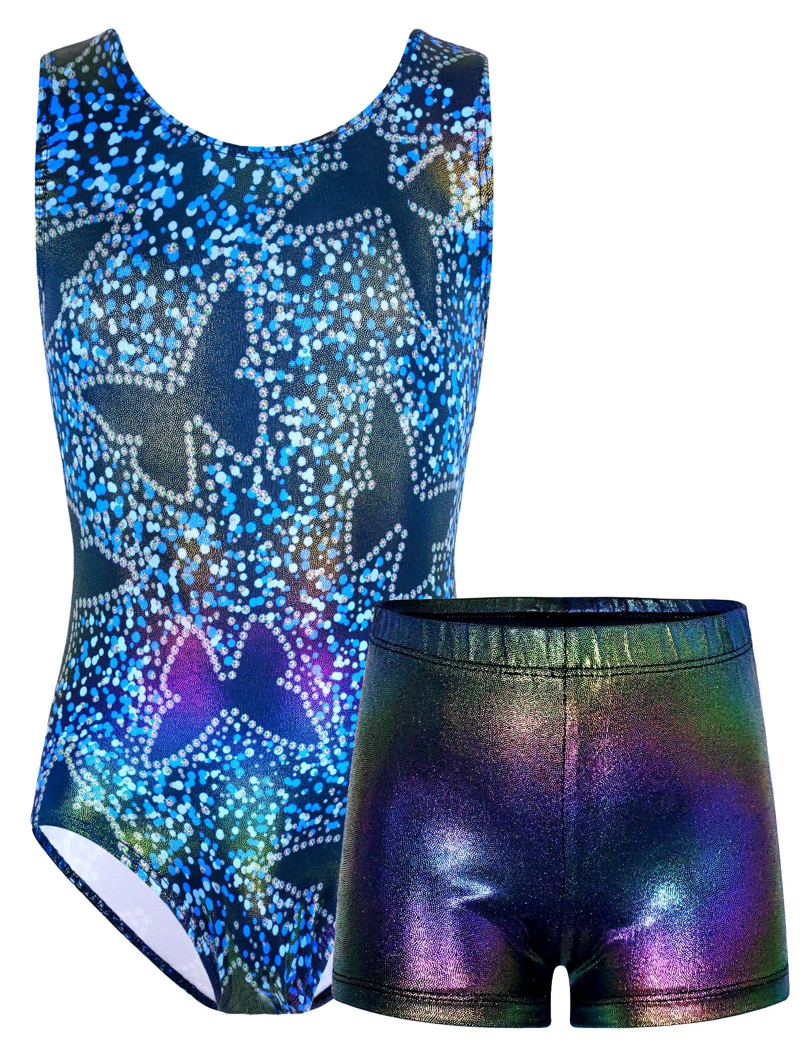 TENVDA Gymnastics Leotards for Girls 5-12 Years Old Sparkly Dance Tumbling Outfit Matching Shorts Set