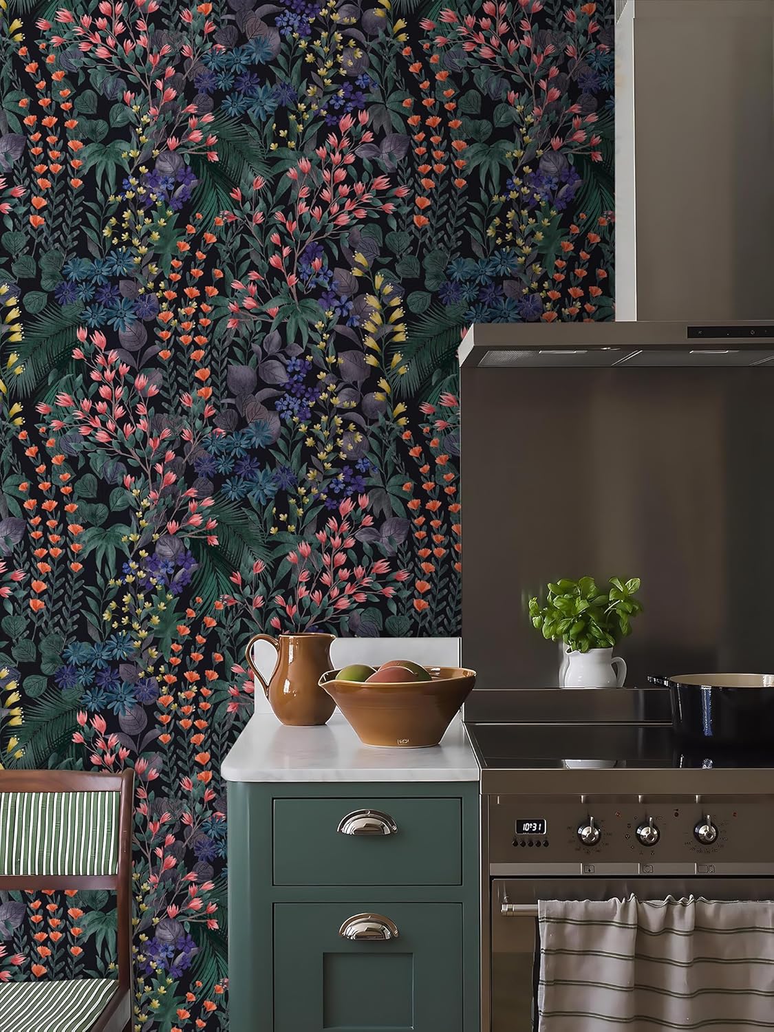 Floral Peel and Stick Wallpaper Boho Wall Paper Removable Waterproof Green/Yellow/Orange Contact Paper for Bedroom, Bathroom,Cabinet,Kitchen,Home Wall 17.3“ x 236.3”