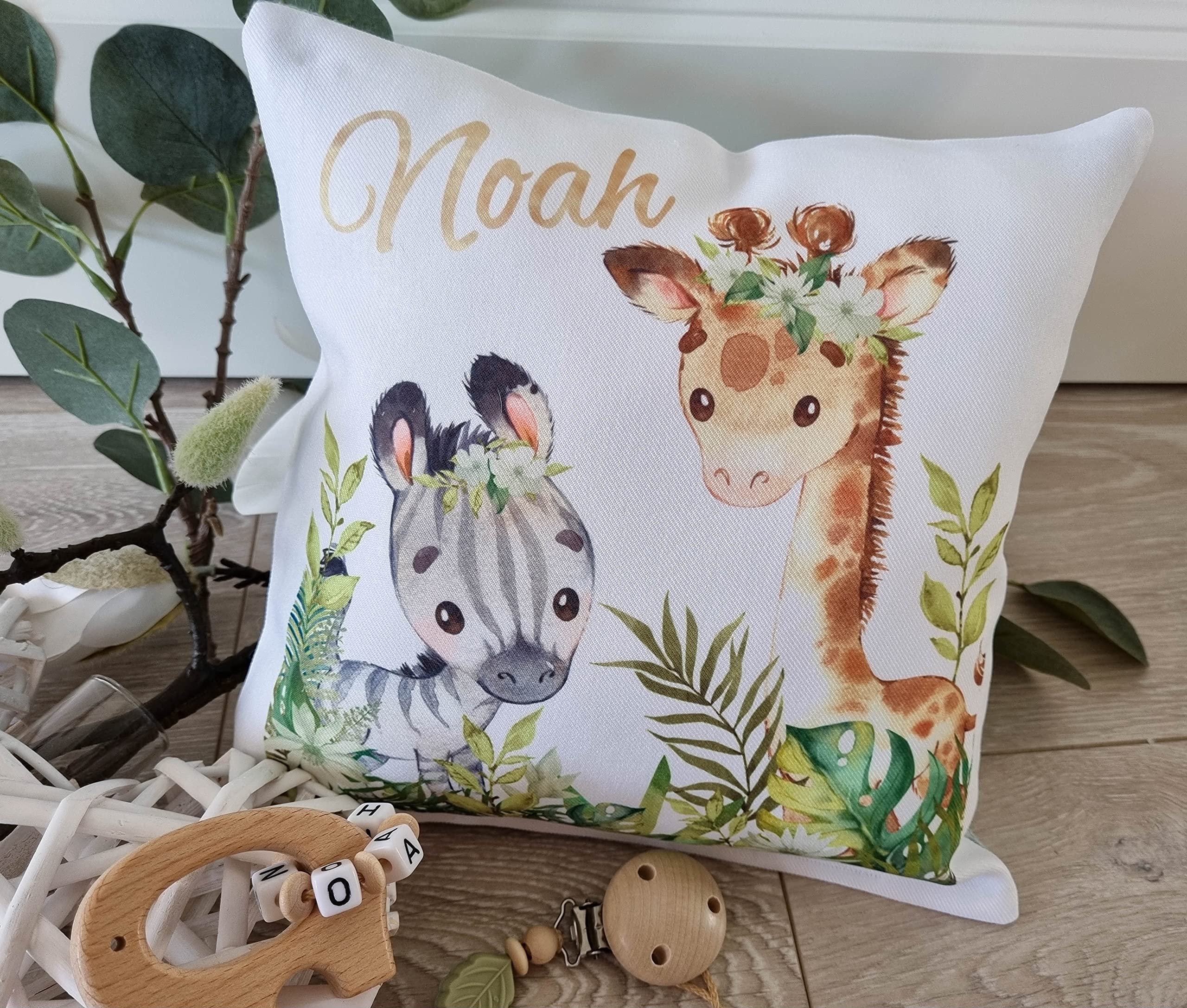Windeltorte mit Name - Kuschelkissen Giraffe Zebra I Geschenk, Babyparty, Geburt oder Taufe + auf Wunsch, gratis Grußkärtchen
