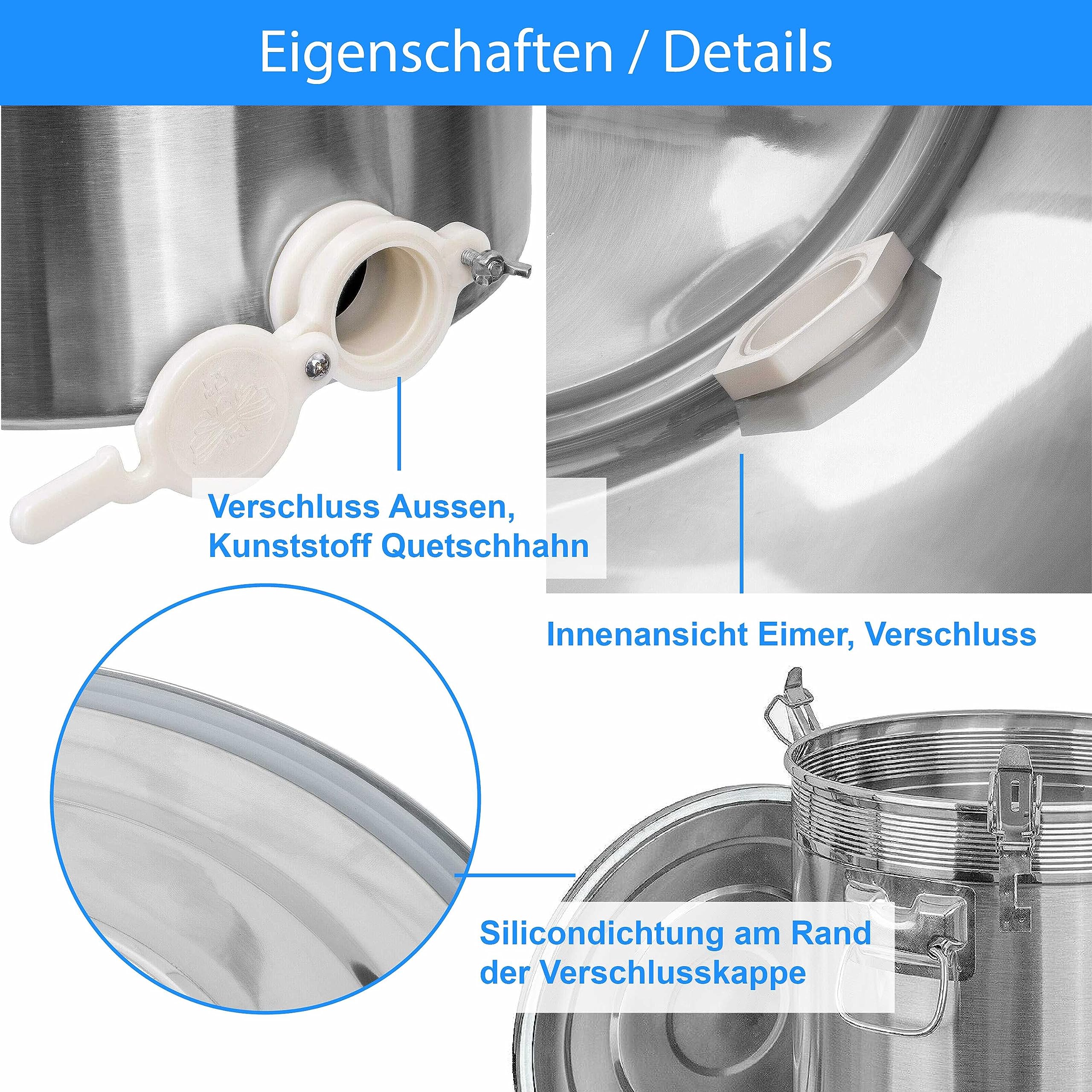 ONPIRA Edelstahl Honig Abfülleimer mit Quetschhahn Abfüllbehälter in 4 Varianten auswählbar (50kg, Kunststoff Quetschhahn)