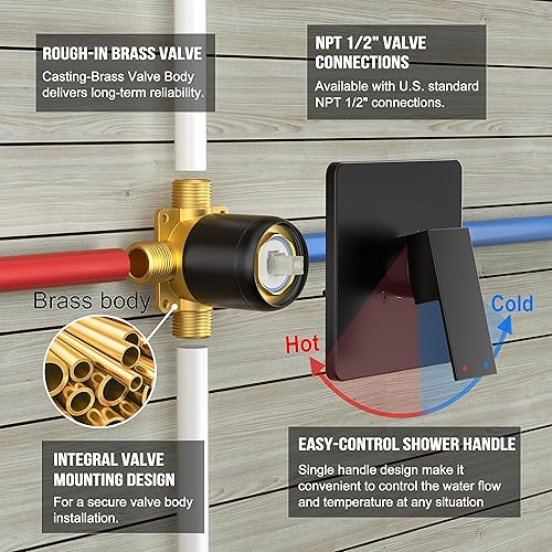 Miniatura 5 de Alesco Grifo de ducha para bañera, juego de grifo de ducha negro con cabezal de ducha de 8 pulgadas y boquilla de bañera, cabezal de ducha y mango
