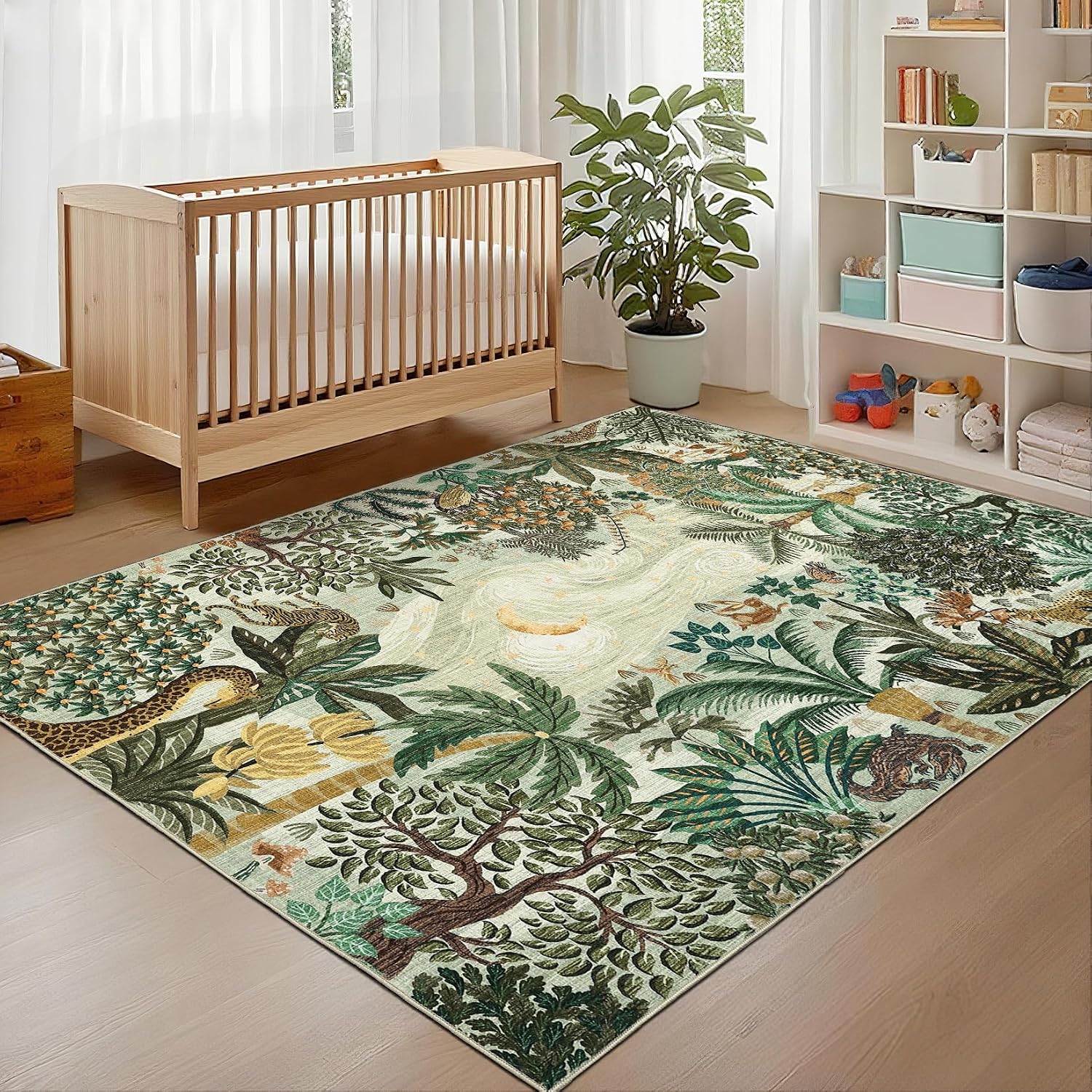 GarveeHome 4x6 Washable Area Rug for Kids Room, Jungle Animal Soft Bedroom Rug Non Slip Low Pile Small Carpet Stain Resistant Green Throw Rug for Bedside Playroom Office Dining Room image 2