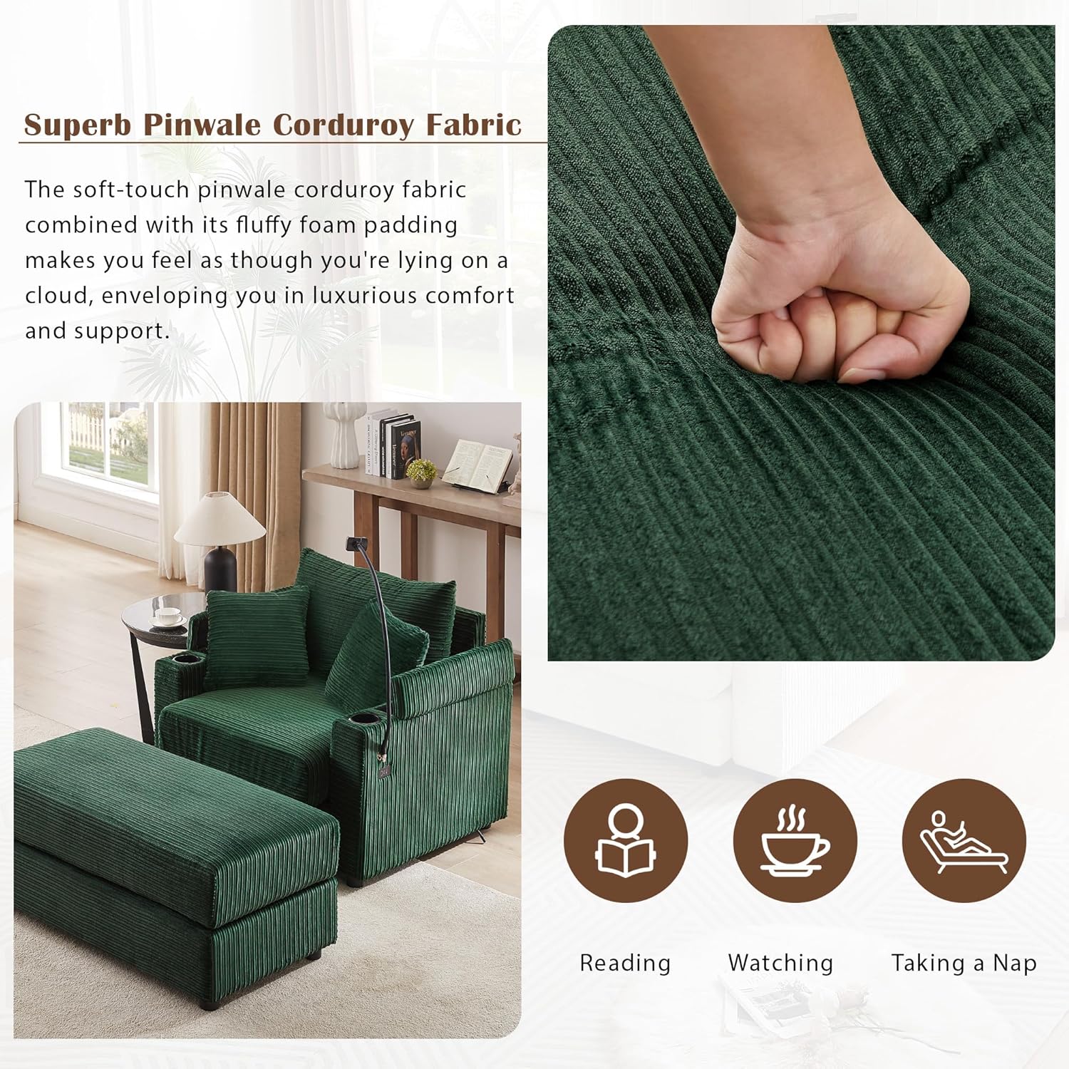 Modern Oversized Accent Chair with Ottoman, Comfy Corduroy Fabric Sofa Bed with Cupholders and USB Charging Ports, Single Lounge Chair with Storage Armrest for Living Room, Bedroom (Green-2)