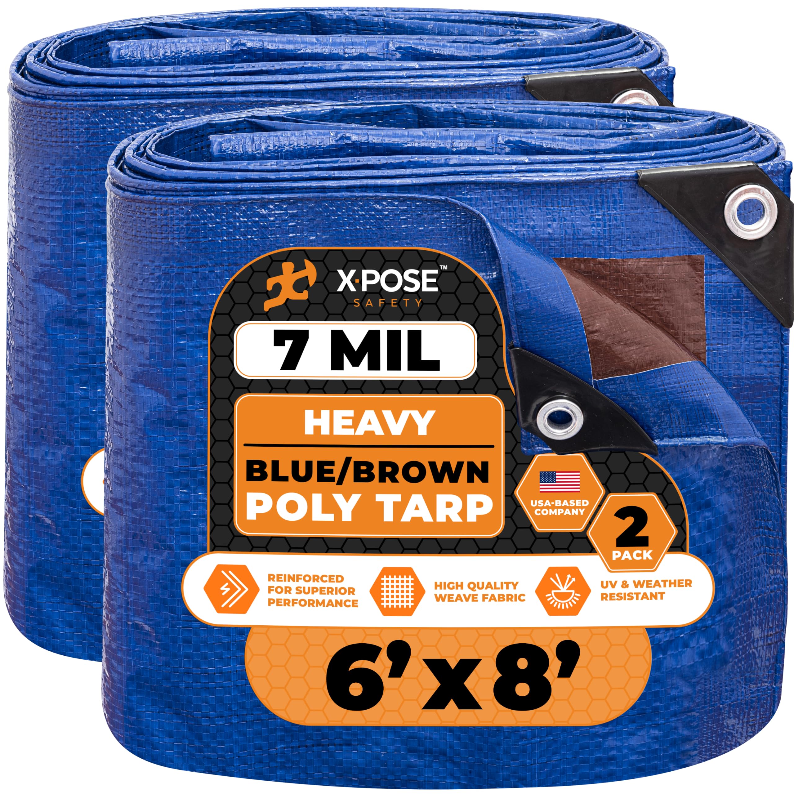 Xpose Safety 6’ x 8’ (2-Pack) Heavy Blue/Brown Tarp - Waterproof - 7 Mil Weatherproof Camping Tarp for Tent, Rain, Wind &amp; Sun - Plastic Tarpaulin Cover Outdoor for Roof, Trailer, RV, Car, Boat