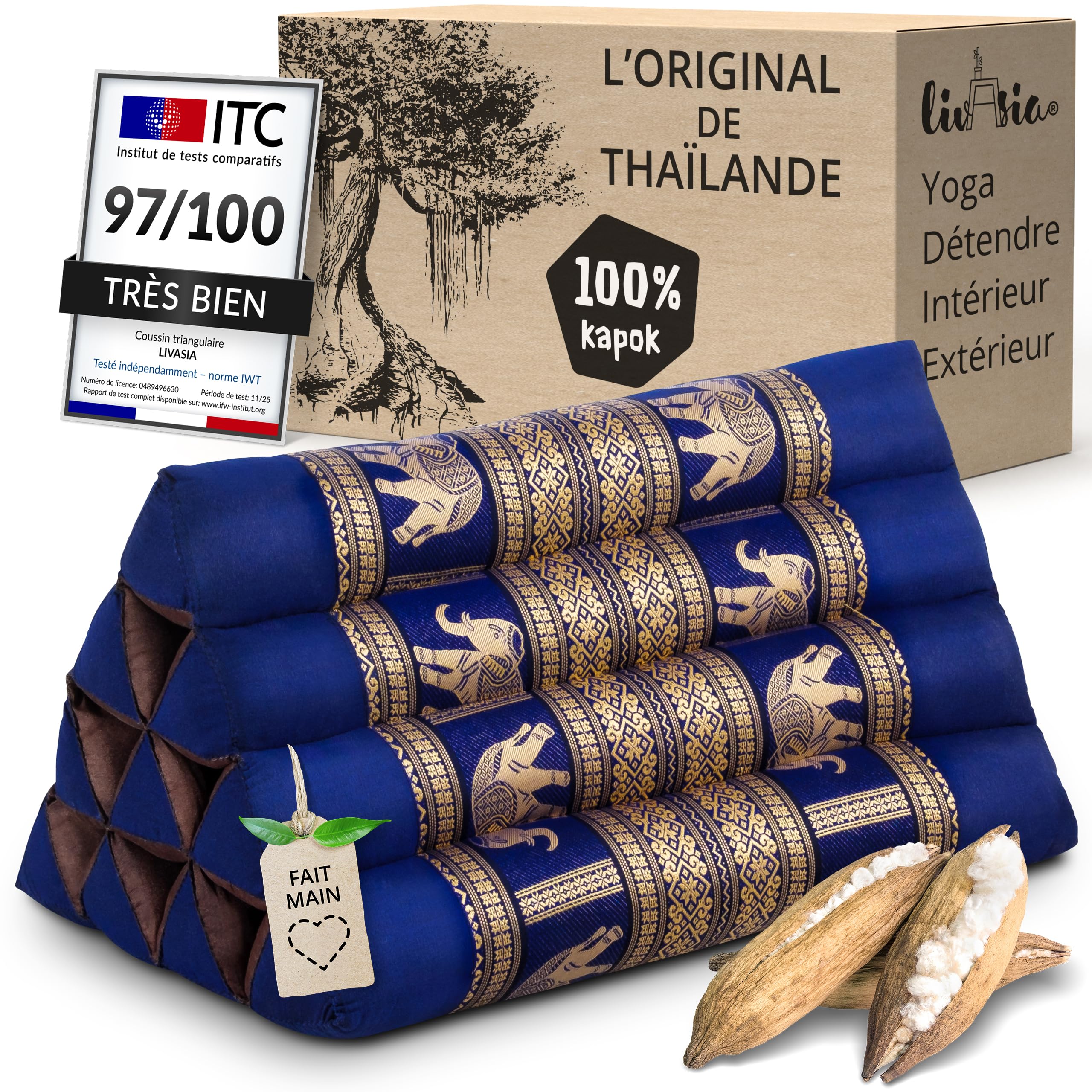 Livasia Coussins de Soutien Dorsal en Soie thaï - 32x55x30cm - Coussins triangulaires pour Le Jardin et Le Balcon, Coussins en biseau en kapok, Faits Main (Bleu/Éléphants Soie)