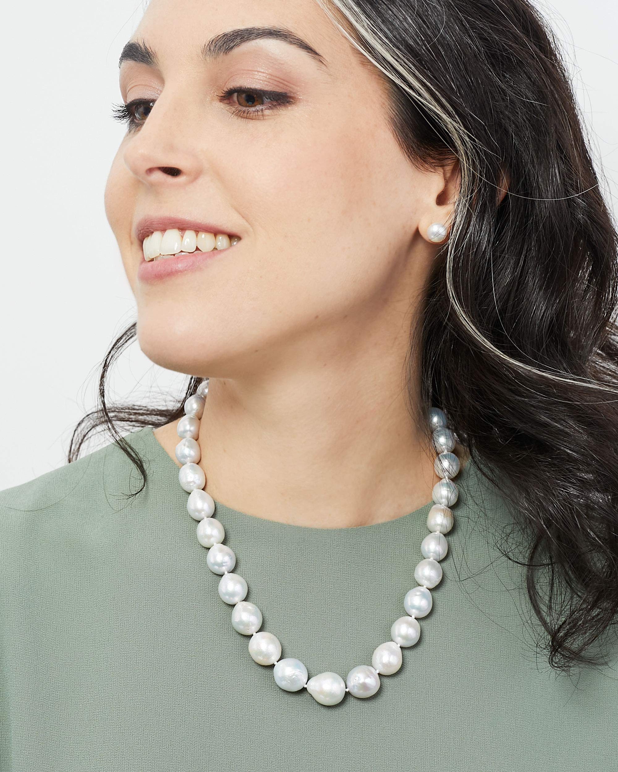 Secret & You Collar de Perlas de Mujer Cultivadas de Agua Dulce Barrocas Edison de 42 cm de largo Perlas Barrocas Grandes con nudo entre cada perla con cierre Plata de Ley.