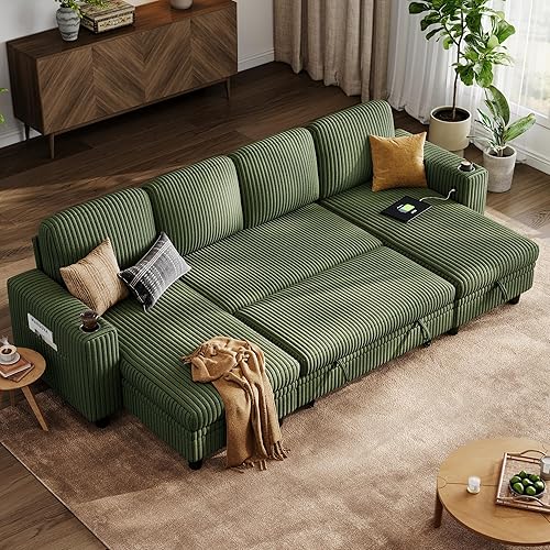 Miniatura 35 de LINSY HOME - Sofá cama extraíble modular con sección para dormir, con almacenamiento, sofá seccional de pana mullida para sala de estar, sofá cama