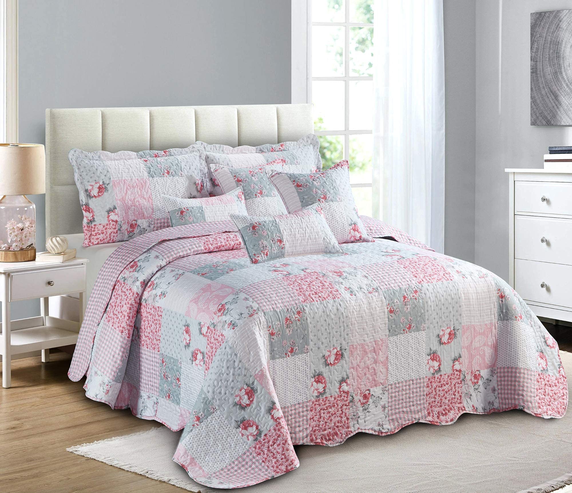 Prime Linen Quilted Patchwork Bedspread Bed Throw 3 Piece Bedding Set Includes Comforter 2 Pillow Shams (Floral Grey, Super King)