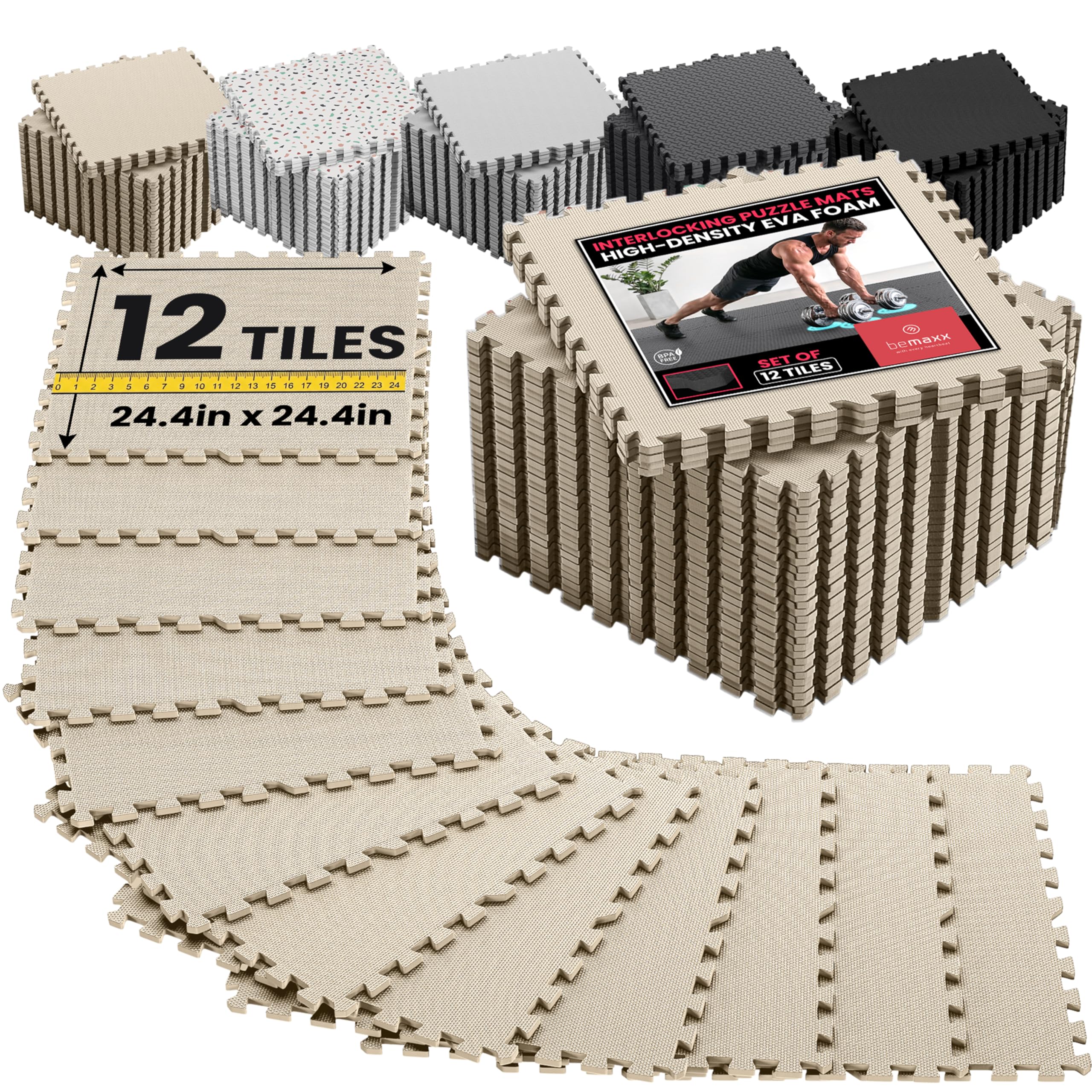 bemaxx Gym Mats Set - 12 pcs EVA Interlocking Foam Floor Tiles (24.4"x24.4"x0.4") 48 sqft Protective Gym Flooring Sports Home Workout Exercise Mats Puzzle Garage Fitness Play-Room Pool Treadmill Bike