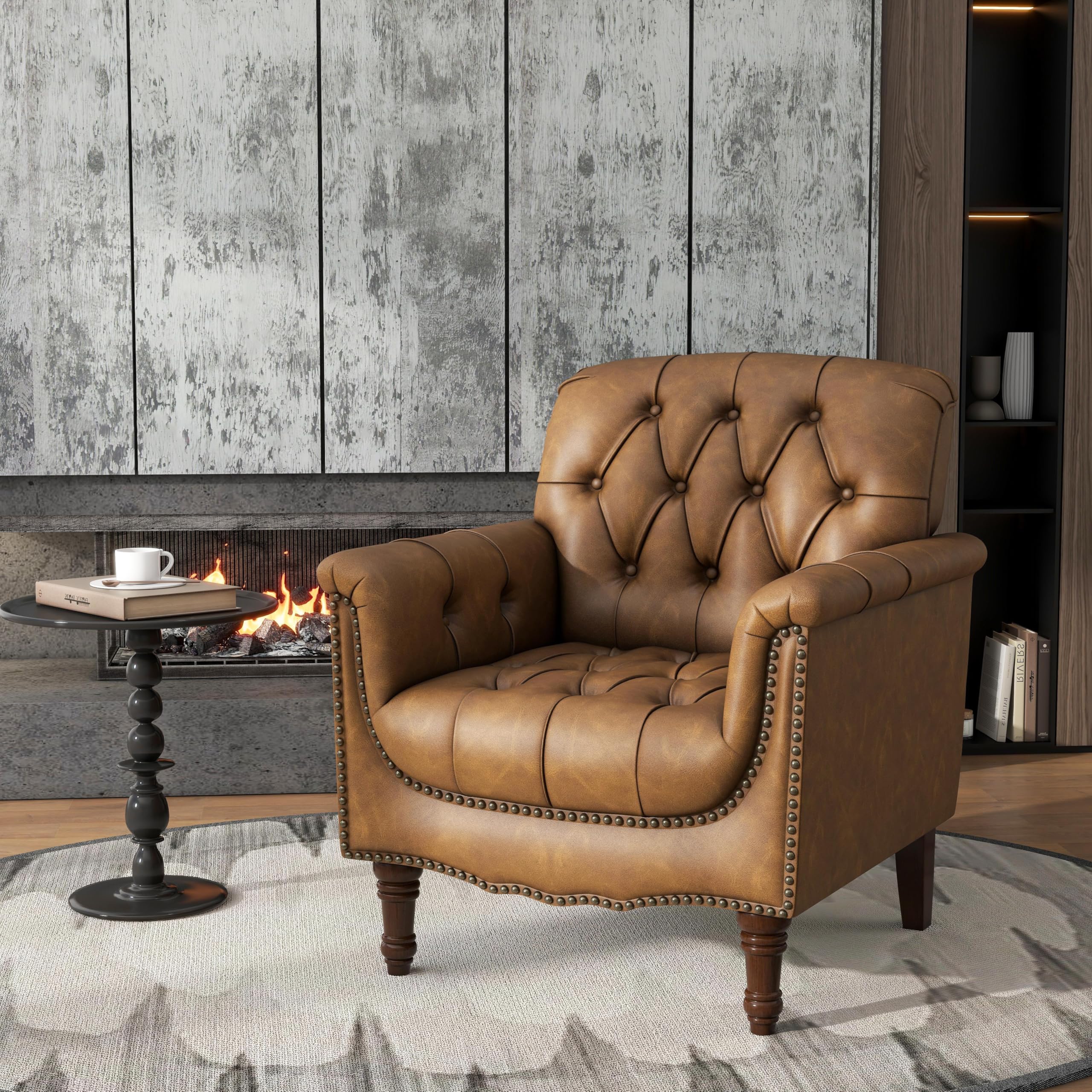 Lumibee Faux Leather Armchair, Contemporary Accent Chair with Nailhead Trims & Wood Legs for Living Room, Upholstered Comfy Arm Chair for Office,