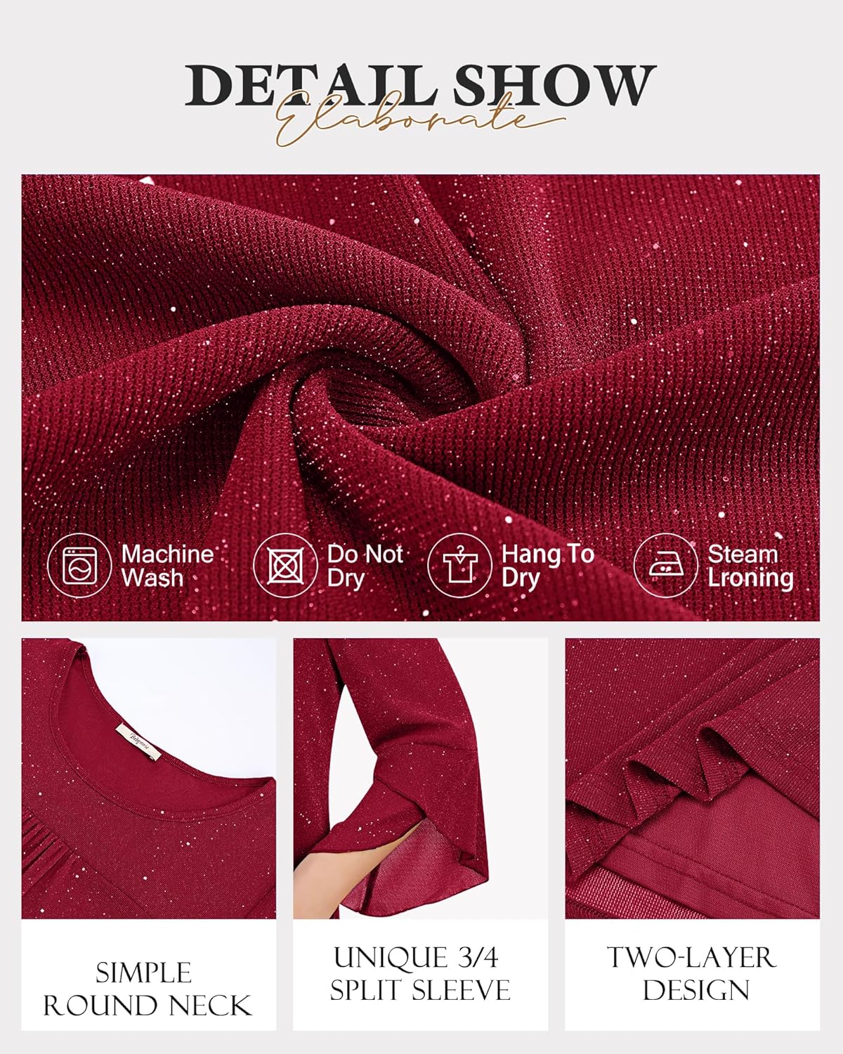 Bebonnie Women's Ruffle 3/4 Sleeve Elegant Dressy Blouses Crew Neck Double Layers Mesh Tunic Tops - Image 4