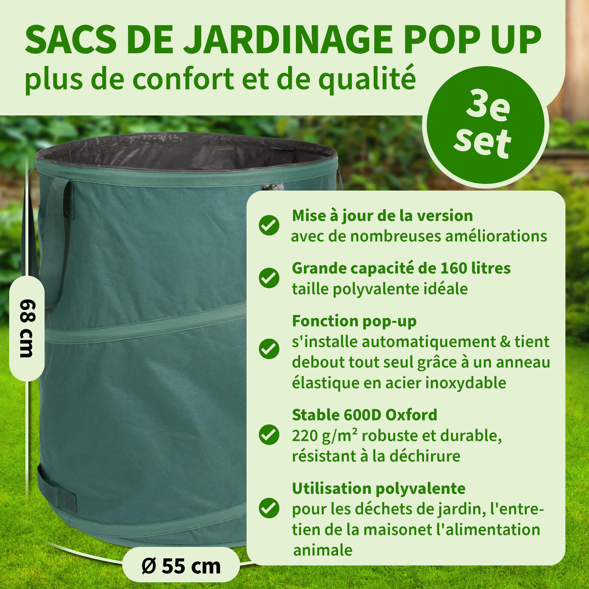 TTL Garden - Pop Up - Lot de 3 sacs à feuilles de jardin - 160 l - Tissu extra robuste - Pliables, autoportants et de qualité supérieure - Idéaux pour déchets de jardin