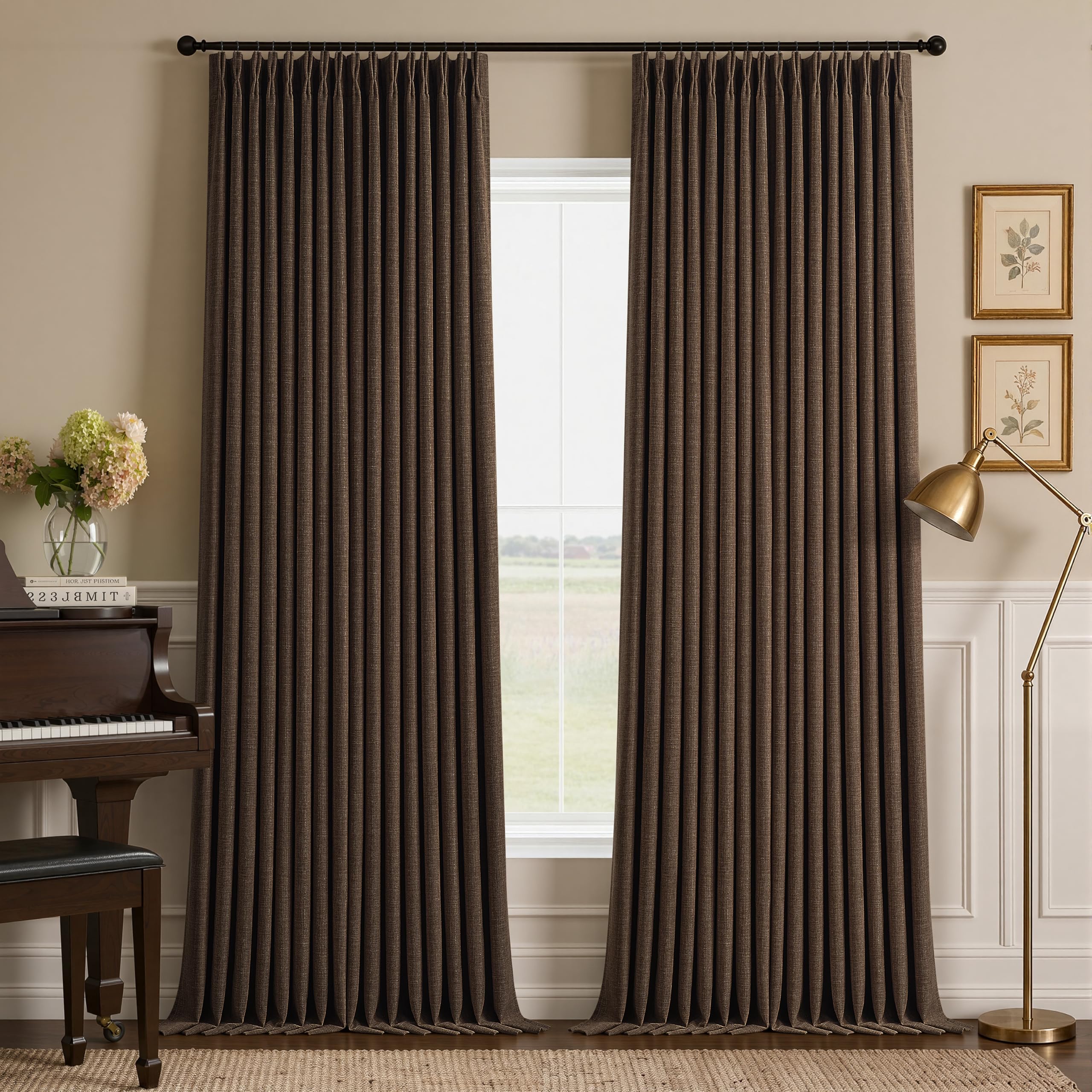 Pinch Pleated Linen 100% Blackout Curtains 108 Inch Length Chocolate Brown