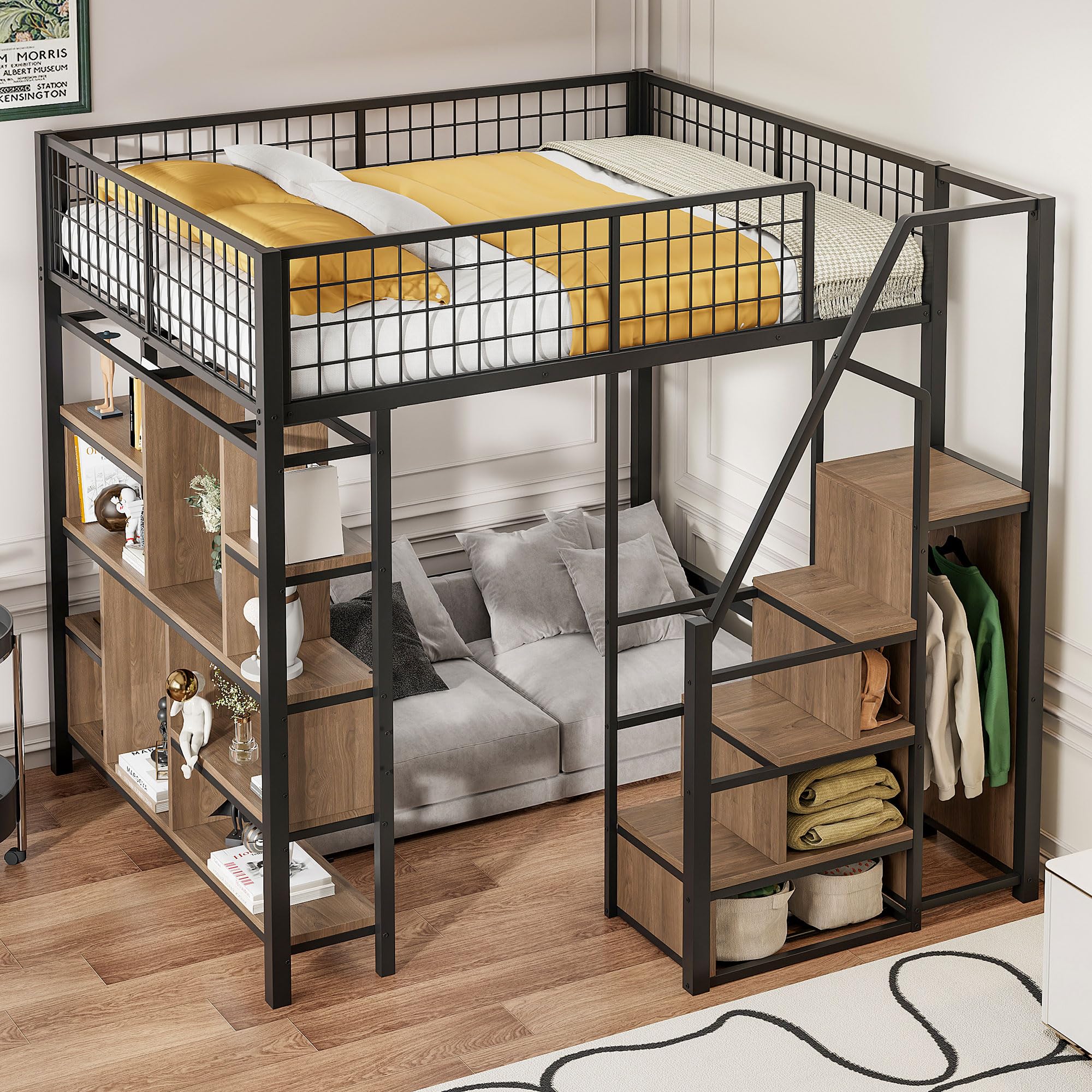 Kayan Hochbett 140 x 200 cm, Metallbett mit Stauraum, Ablageflächen und Treppe, Funktionsbett Kinderhochbett Jugendhochbett mit Rausfallschutz, Weiß, ohne Matratze (Schwarz)