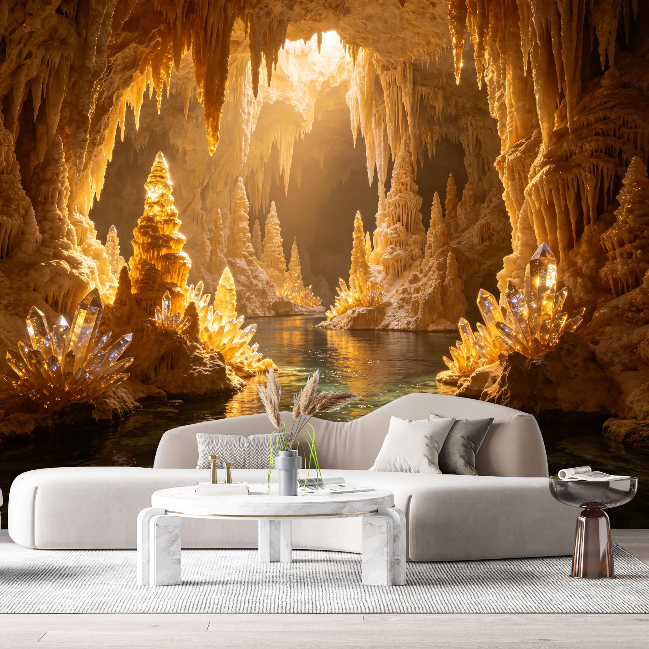 Custom Size Wall Murals Glowing Crystal Cave Underground Lake 3D Trompe L'Oeil SelfAdhesive Wall Fabric Removable Large Wallpaper for Photo Living Room