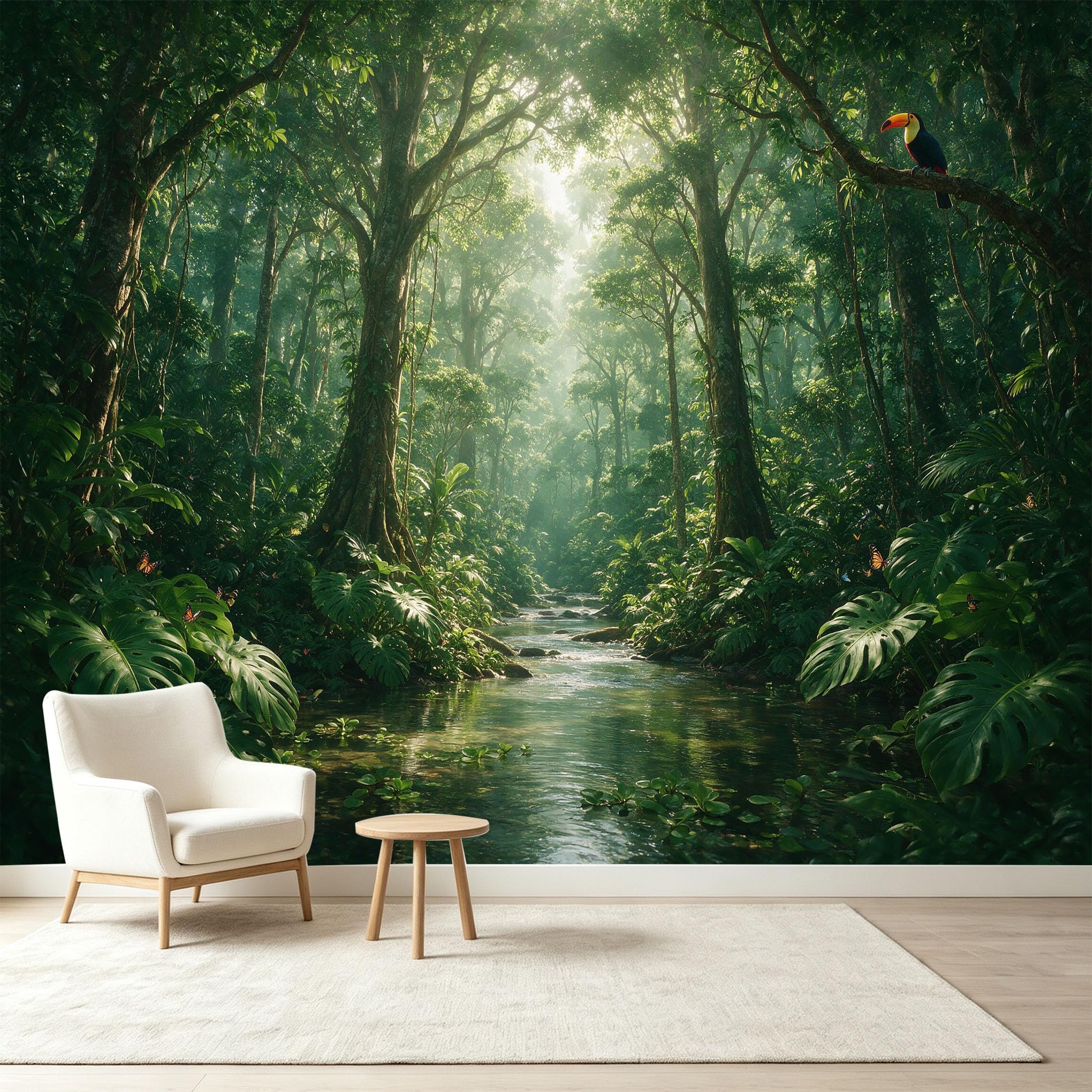 Custom Size Wall Murals Tropical Jungle Rainforest River Toucan Bird Self-Adhesive Wall Fabric Removable Wallpaper Wall Decor for Living Room Bedroom Bathroom