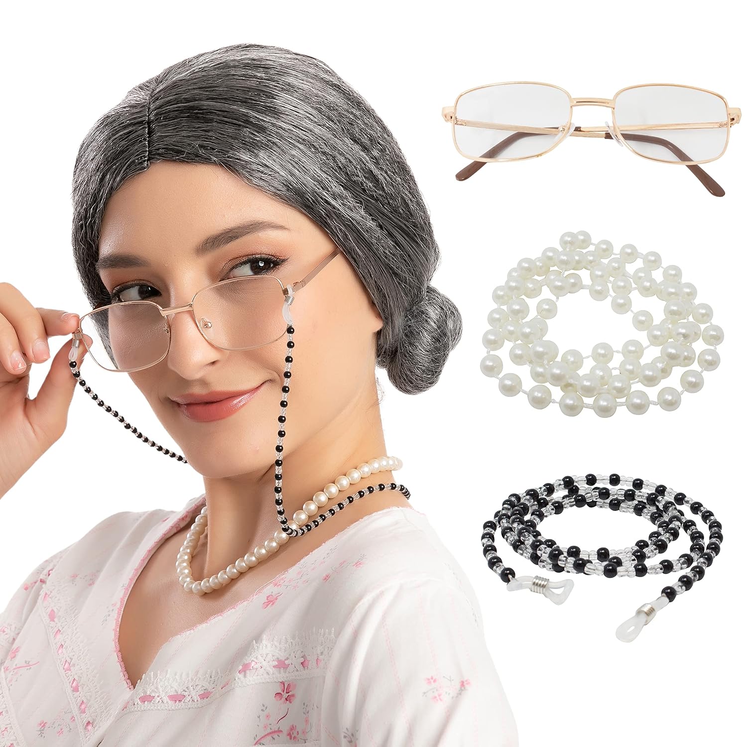 Spooktacular Creations Old Lady Wig Costume Set, Straight Grey Hair Grandma Wig, Granny Glasses with Chain Pearl Necklace, Halloween Accessories for Cosplay Party