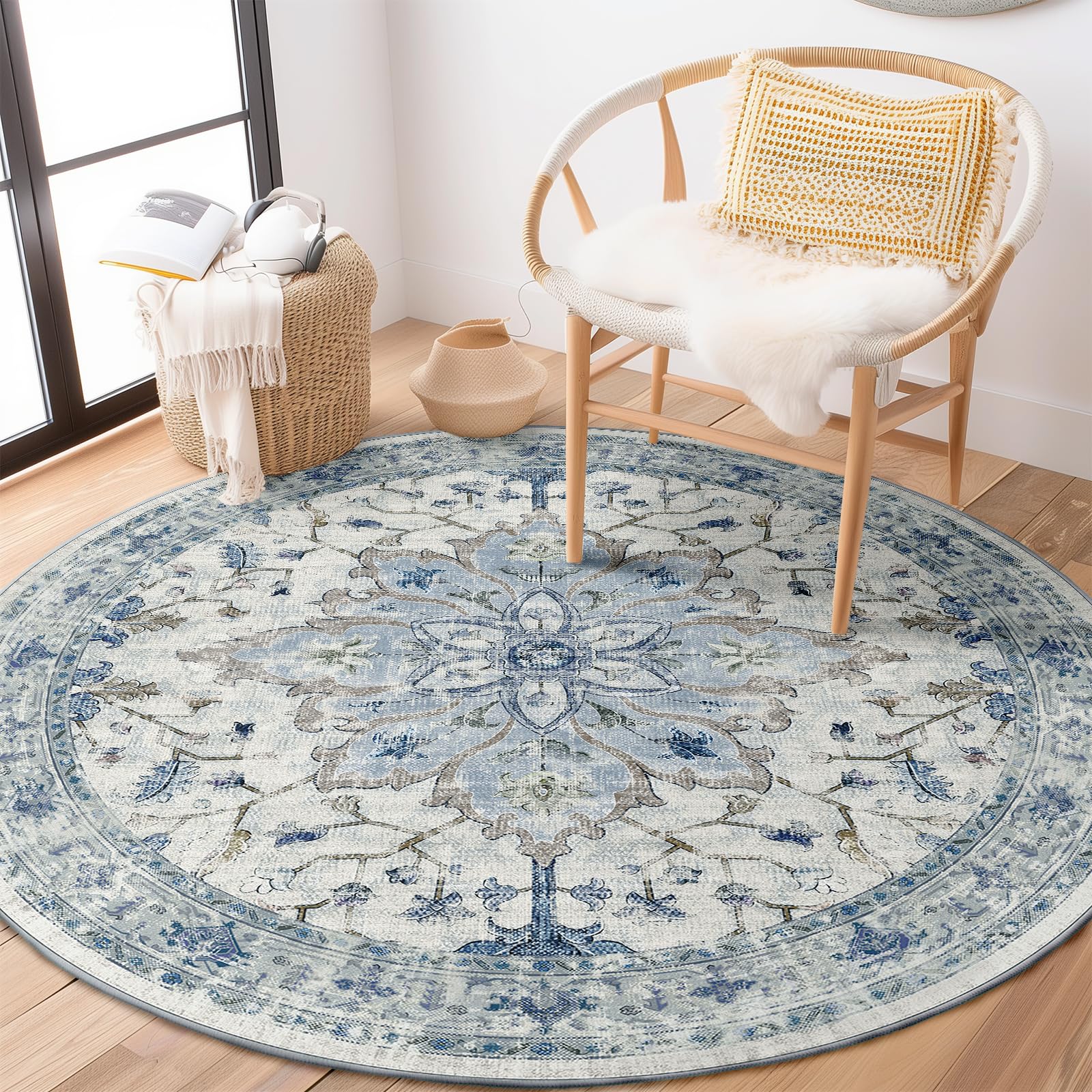 RELEANY Area Rugs 4ft Washable Non-Slip, Floral Vintage Distress Print Pattern Medallion Carpet for Living Room Bedroom Dining Room, Light Blue Navy
