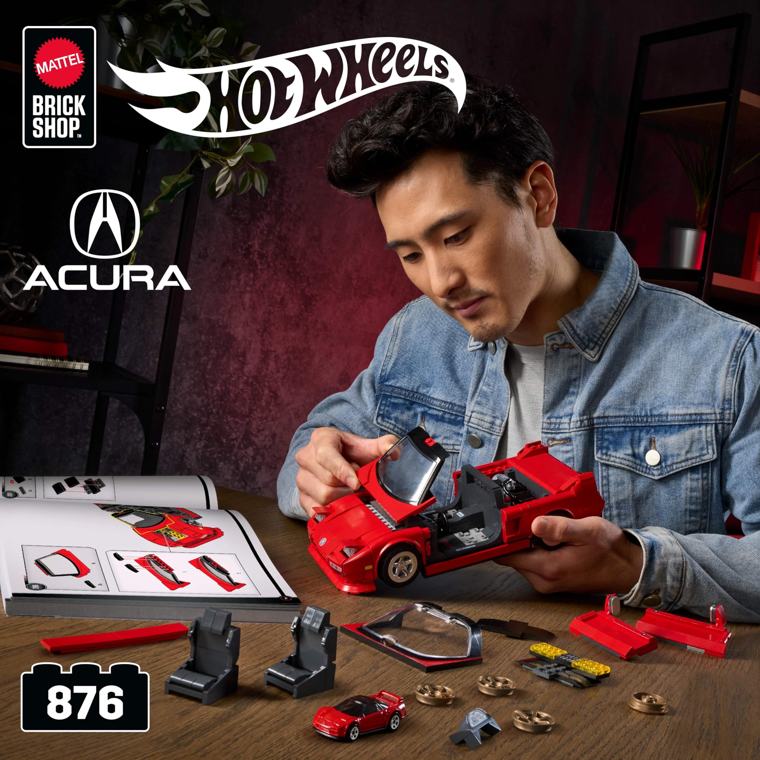 Mattel Brick Shop Hot Wheels Elite Serie Bauset, ’90 Acura NSX mit 876 Teilen, realistischen Details und individuellen Aufklebern, für Sammler und Kinder ab 10 Jahren, JFT17