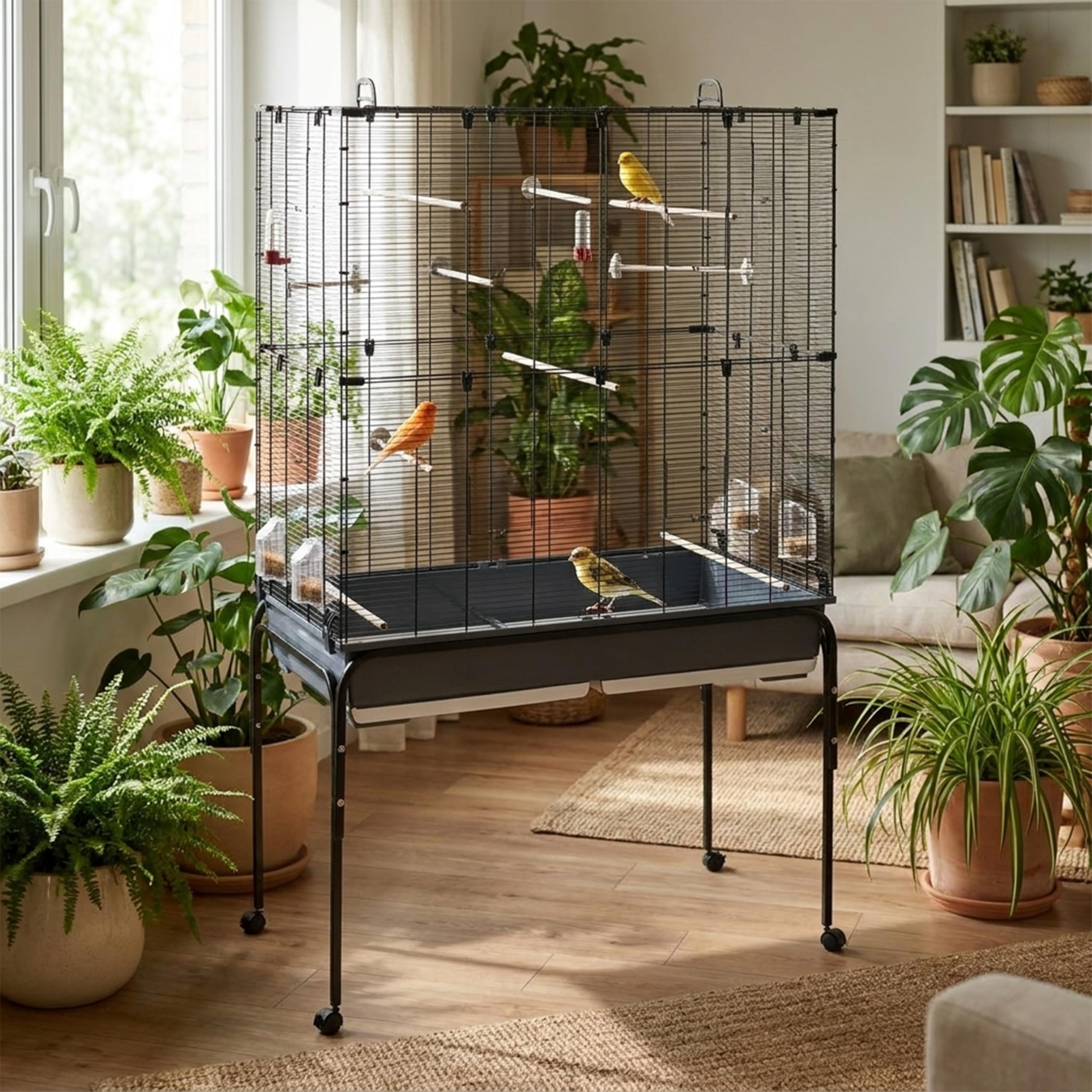 Ferplast Vogelkäfig Vogelvoliere Wellensittich Käfig Exotenkäfig, inkl. Stand mit Rädern, Vogel-Futternapf, Vogel-Sitzstangen, Schwarz, 100 x 53 x h172 cm