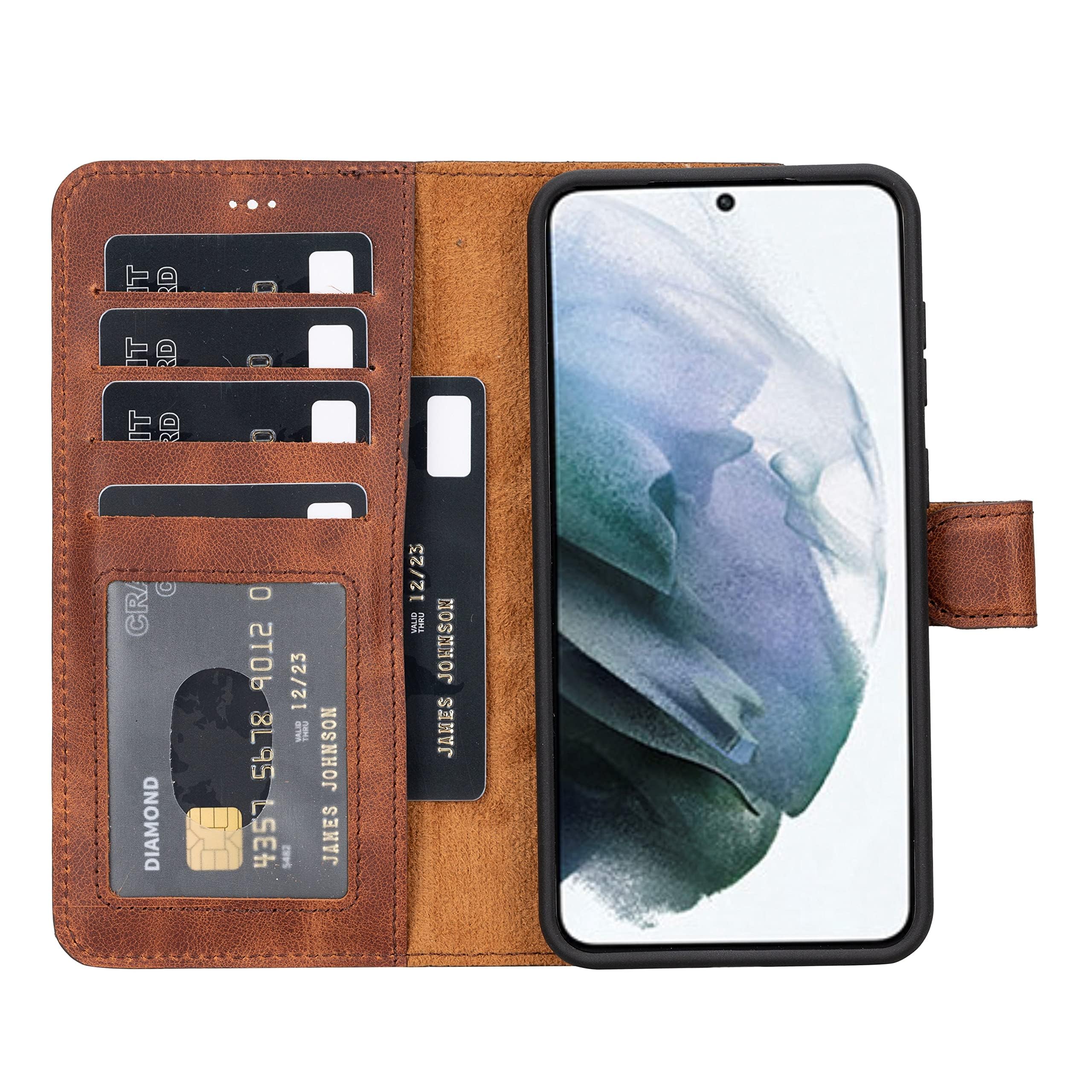 HARDISTON Genuine Leather Wallet Case for Samsung Galaxy S24 Plus - Handmade - Detachable Strong Magnetic Flip Cover with Card Holders and Kickstand -