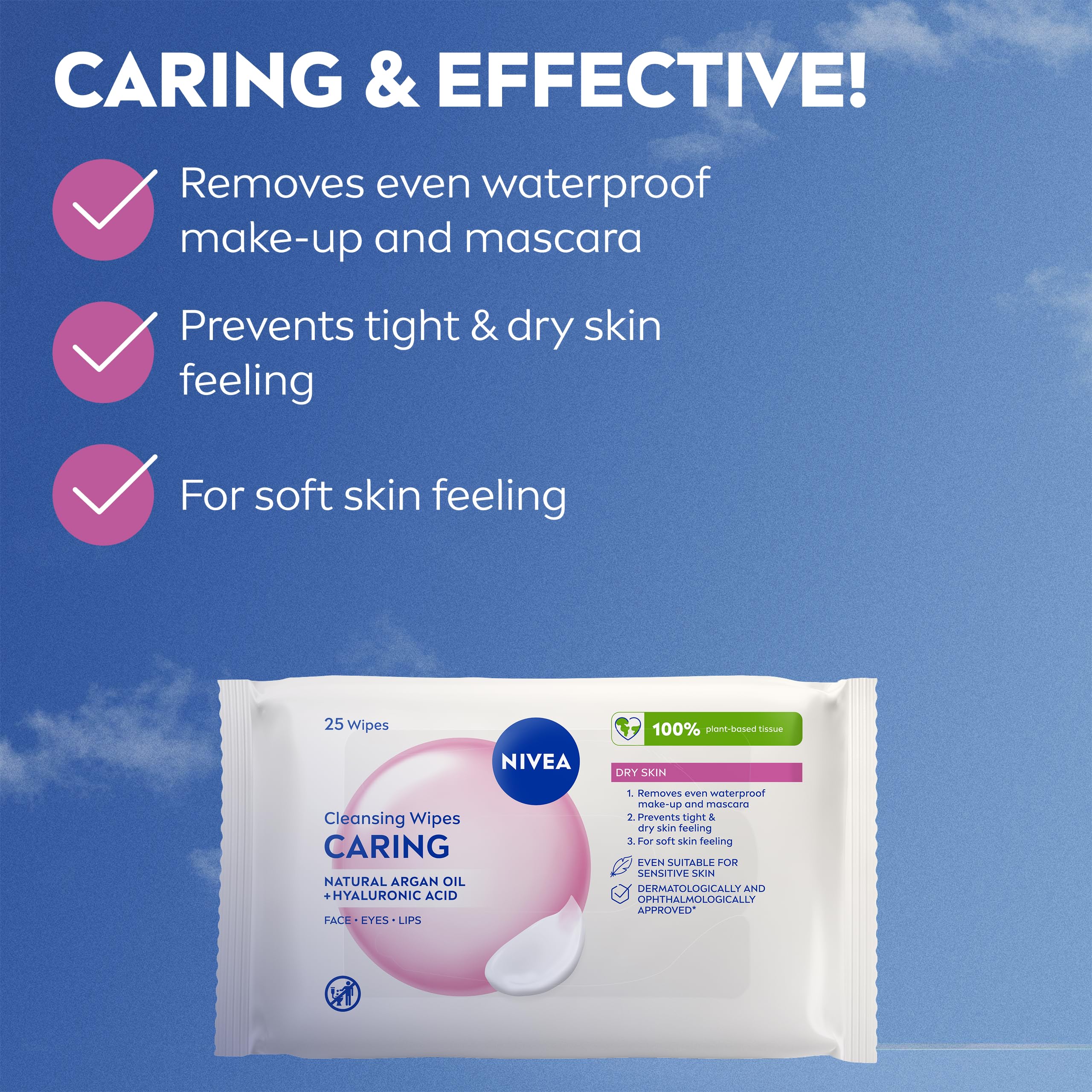 Pack shot of NIVEA Caring 3-in-1 Cleansing Face Wipes for Dry Skin.