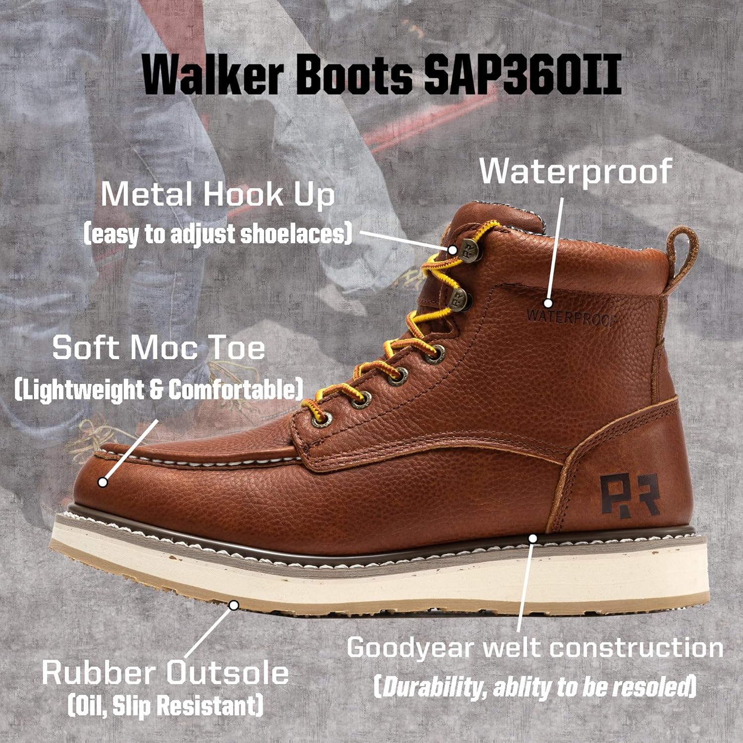 ROCKROOSTER Walker Waterproof Work Boots for Men, 6" Soft Toe Comfortable Boot, Rubber Wedge Sole Shoes, Arch Support Anti-Fatigue Boot, Leather Insulated Safety Boots, Electric Hazard SAP360II - Image 2