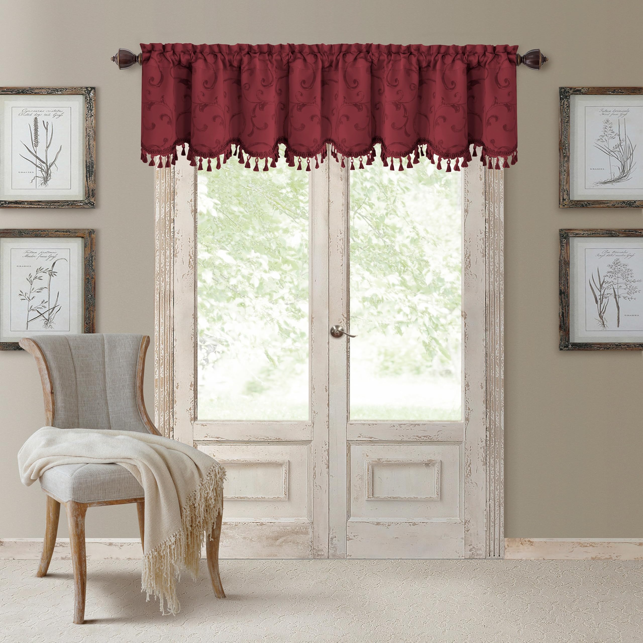 Elrene Home Fashions Mia Jacquard Scroll Blackout Valance, 52" x 19" (1 Valance), Rouge