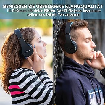 PowerLocus Bluetooth Headphones Over Ear Wireless Headphones HiFi Stereo Foldable Headphones with Microphone Soft Ear Pads Micro SD/TF FM Radio for iPhone/Android/Tablet/Laptop (Black/Blue)