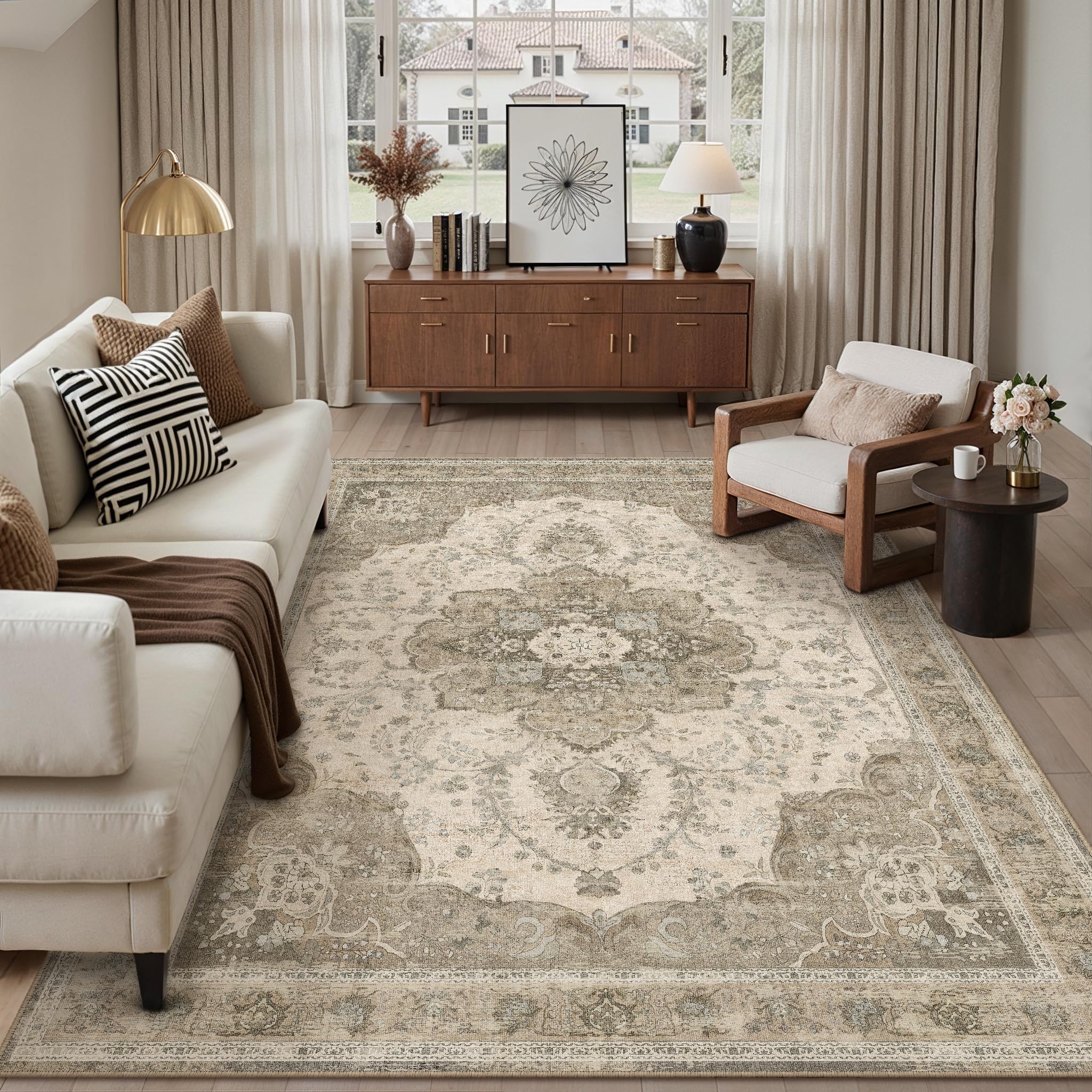 PureCozy Vintage Rugs Living Room Large Washable 200x300cm Carpet Brown Non Slip Area Rug for Kids Bedroom Bedside Nursery Playroom Lounge Office Indoor Low Pile Carpets