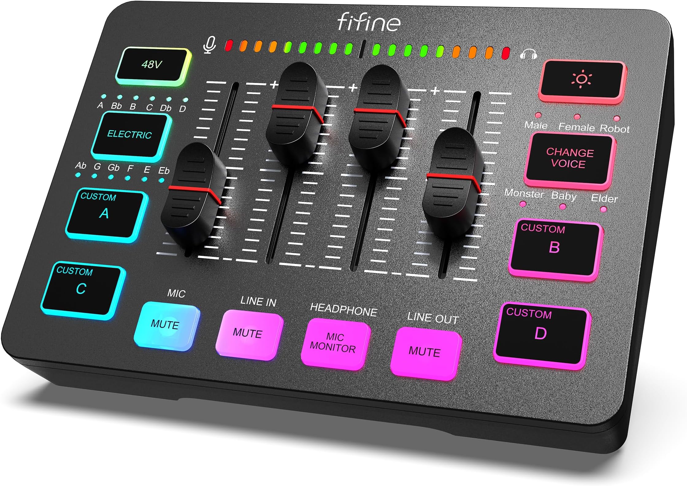 Gaming Audio Mixer, Streaming RGB PC Mixer with XLR Microphone Interface, Individual Control, Volume Control, Mute Button, 48V Phantom Power Supply for Podcast, Recording, Vocals