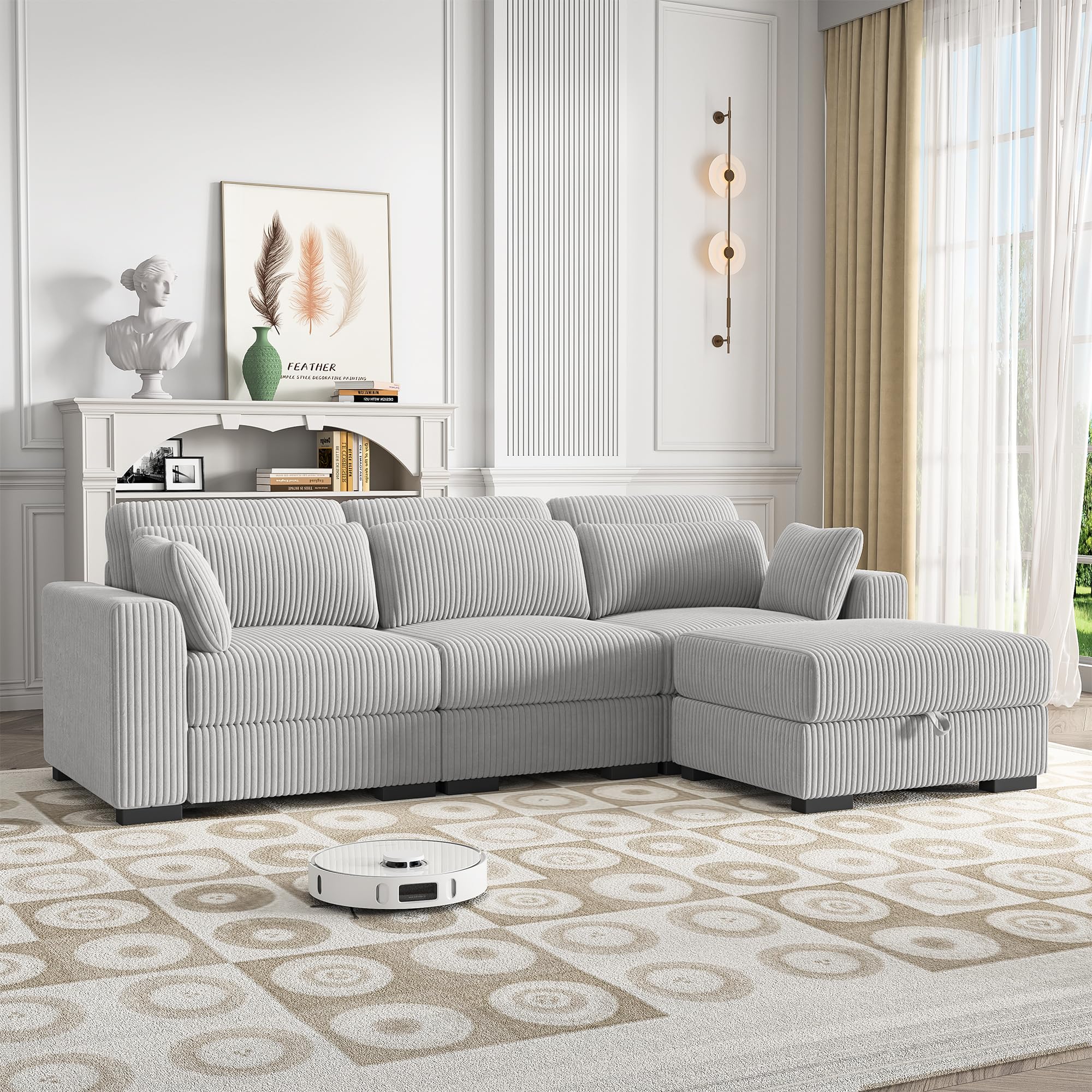 Sofa de 3 Plazas,Sofá Acolchado Sofas de Salon Cheslong Sofa Cama Chaise Longue Sofá Modular Suelo Sofás en Forma de L de Pana con Cojín Y otomano (Gris, 3 plazas+1 reposapiés)