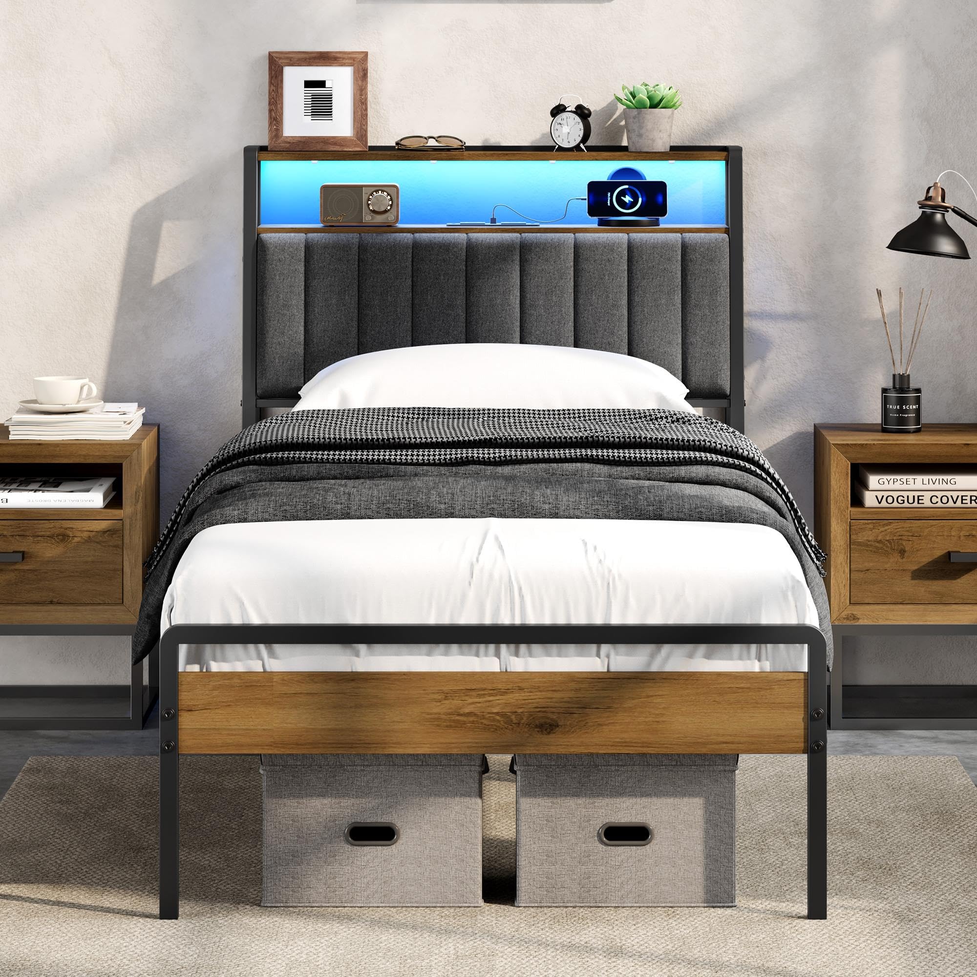 Yaheetech Single Bed Frame with Upholstered Storage Headboard，90 x 190 Metal Wooden Bed with LED Lights and Charging Station, Industrial, Easy Assembly, Single