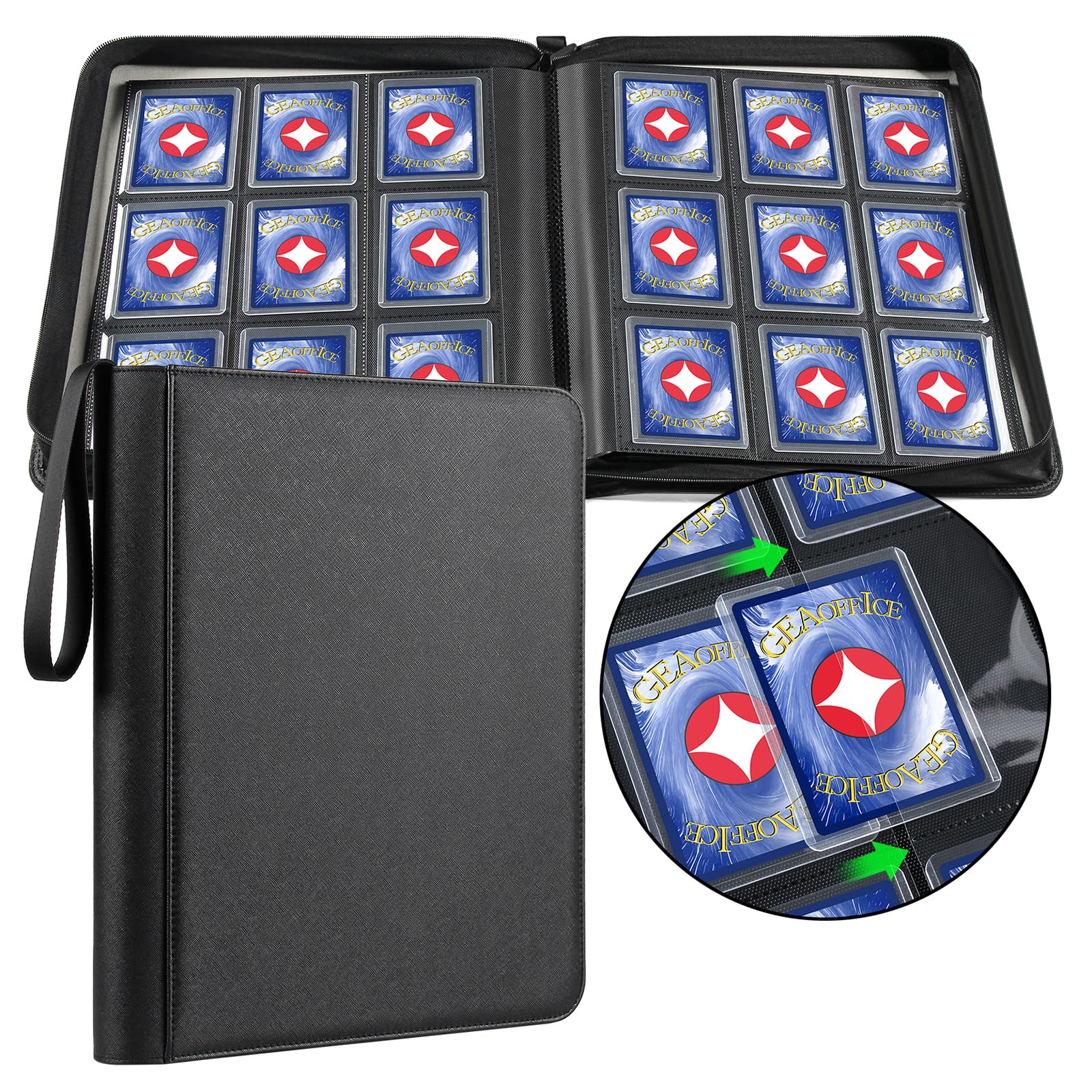 GEAoffice 9 Pockets Top Loader Binder for 324 Cards, Premium PU Leather Side Loading Trading Card Binder for Toploader, Ringless Card Collection Album
