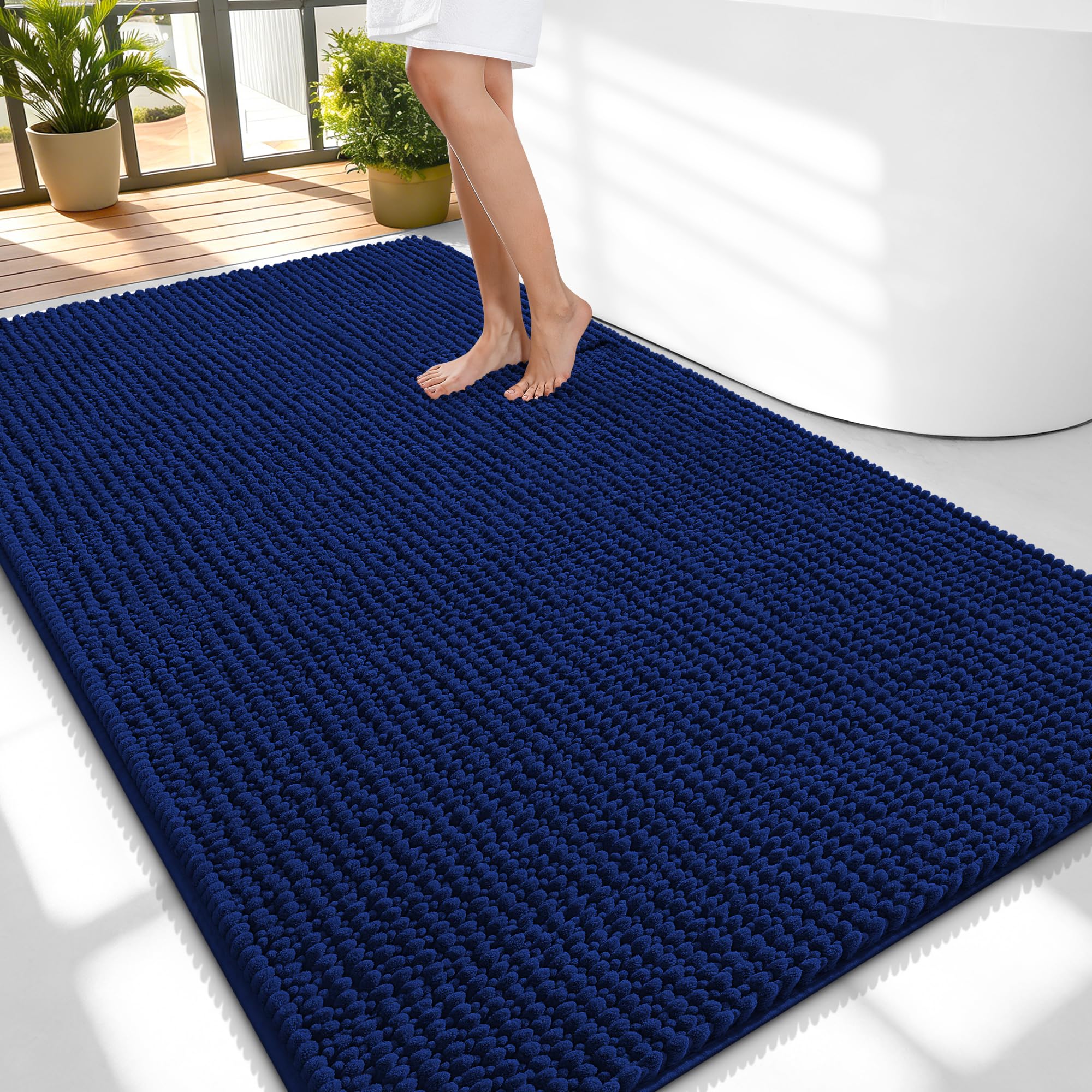 OLANLY Thick Chenille Large Bathroom Rugs 59x35, Absorbent Bath Mat, Navy