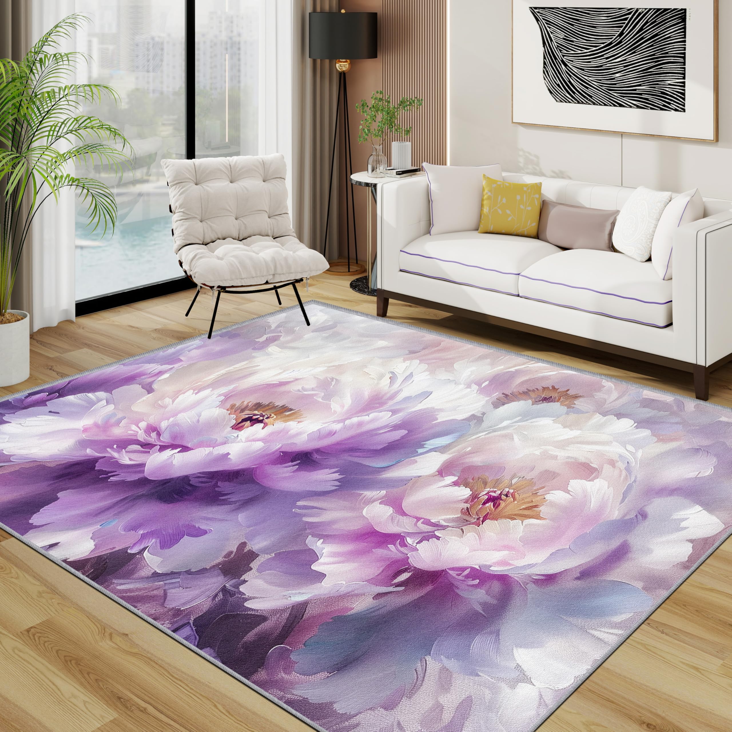 TerroVee Floral Rugs Living Room Large 160x230 - Purple Flower Gift Botanical Bedroom Rug, Peony Watercolor Washable Non Slip Low Pile Carpet, Floral Home Decor