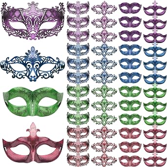 FEQO 48 Piece Masquerade Masks - Vintage Antique Couple Venetian Masks for Halloween Carnivals & Parties, 4 Colours