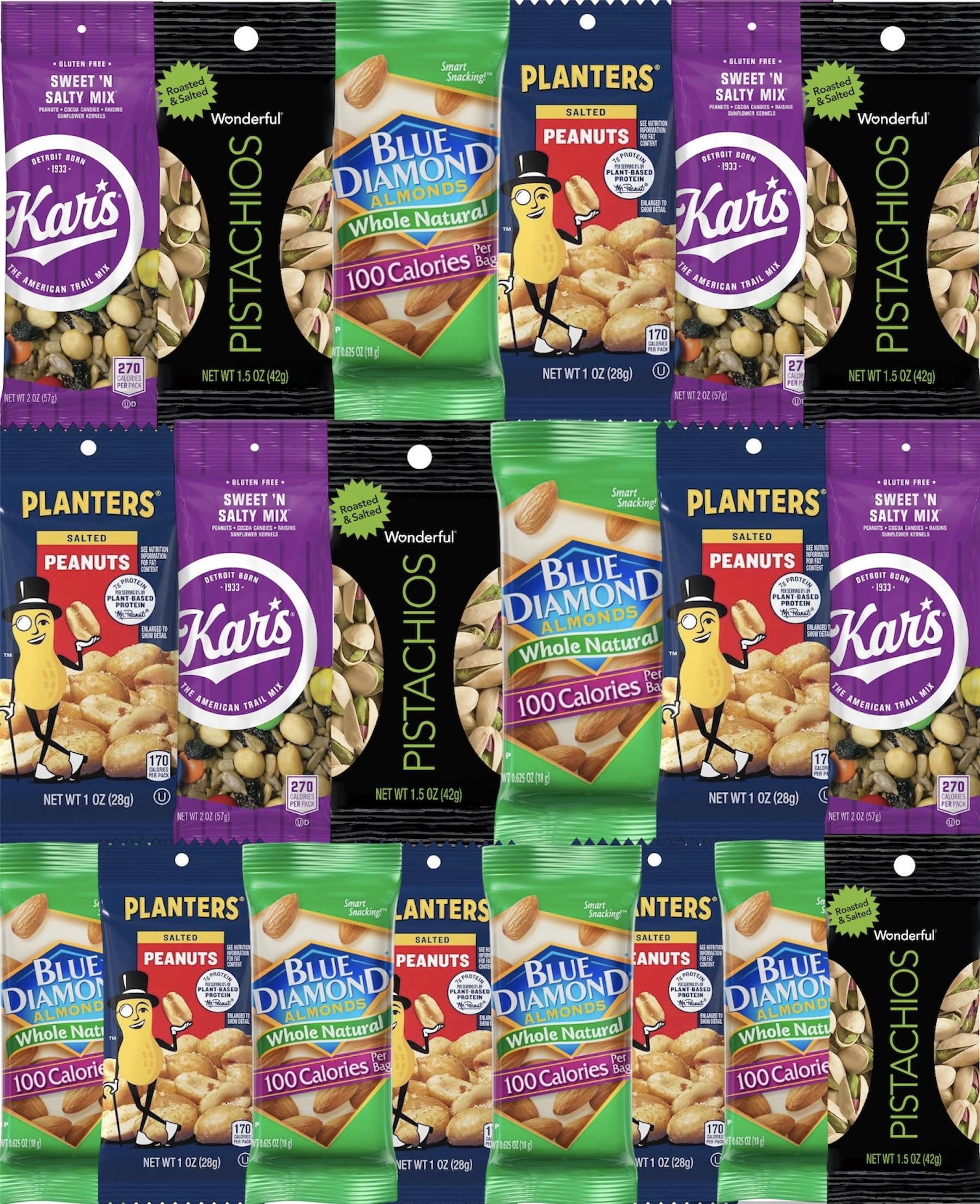 Healthy Snacks Care Package Snack Box Grab And Go Variety Pack (20 Count) - Blue Diamond, Kar's Trail Mix, Wonderful Pistachios, & Planters Salted Peanuts, Nuts Variety Pack with a Mystery Item, Perfect Snack with a Surprise